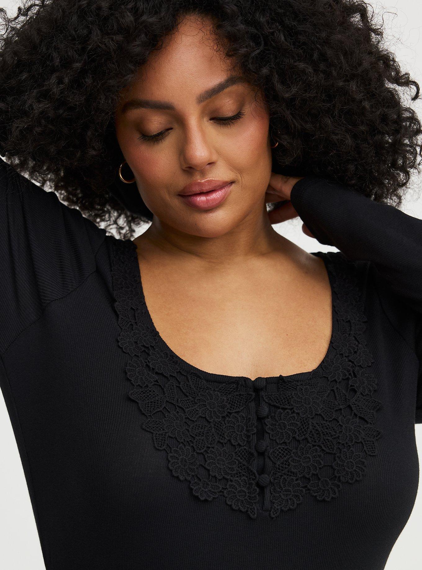 Cotton Modal Crochet Trim Henley Top, DEEP BLACK, alternate