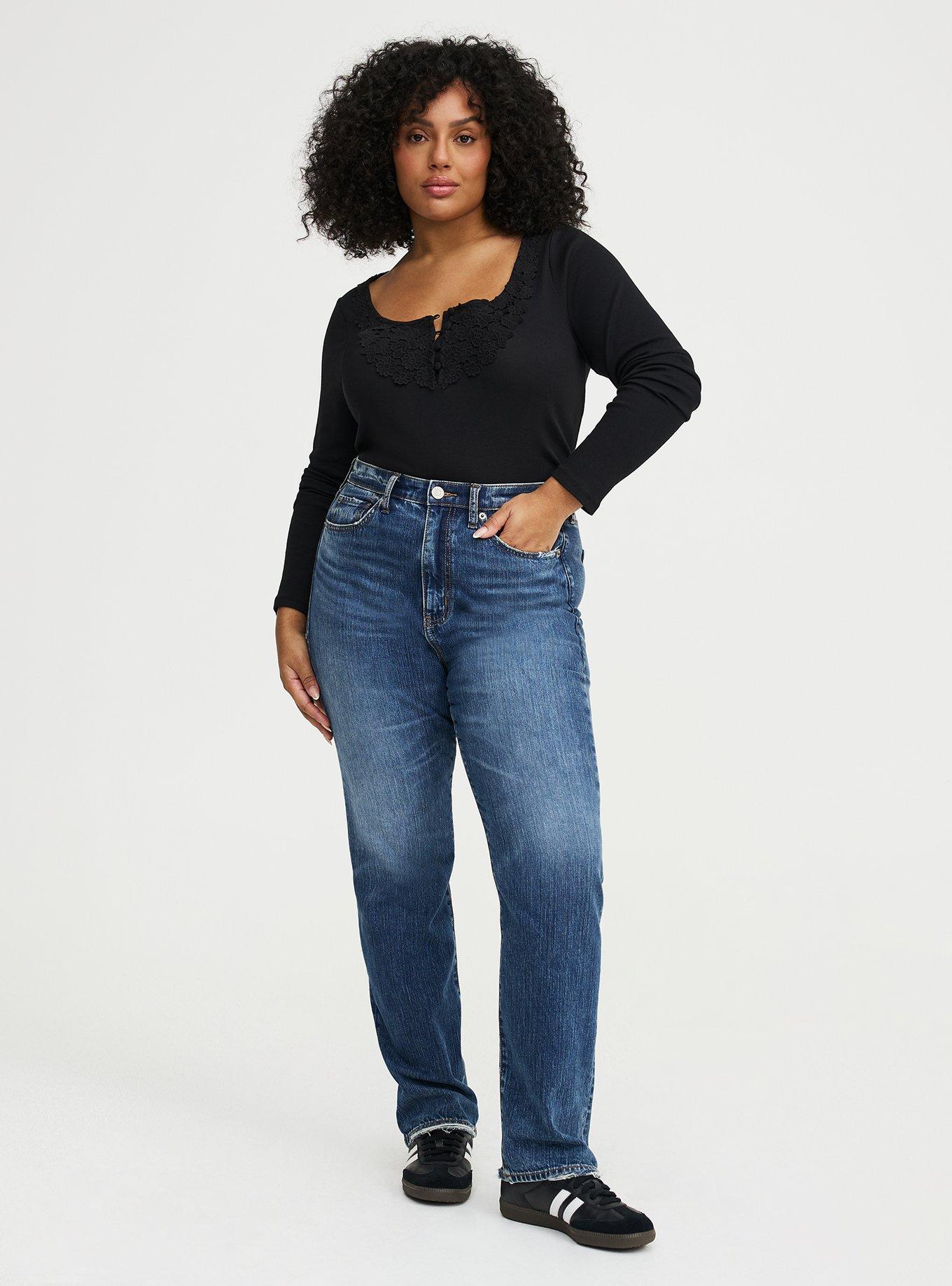 Cotton Modal Crochet Trim Henley Top, DEEP BLACK, alternate