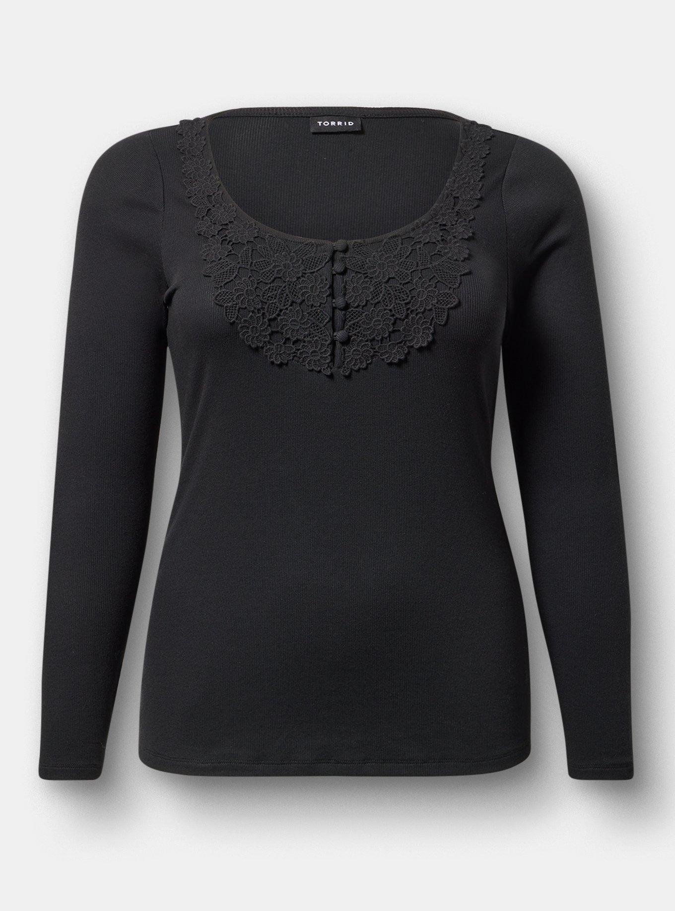 Cotton Modal Crochet Trim Henley Top, DEEP BLACK, hi-res