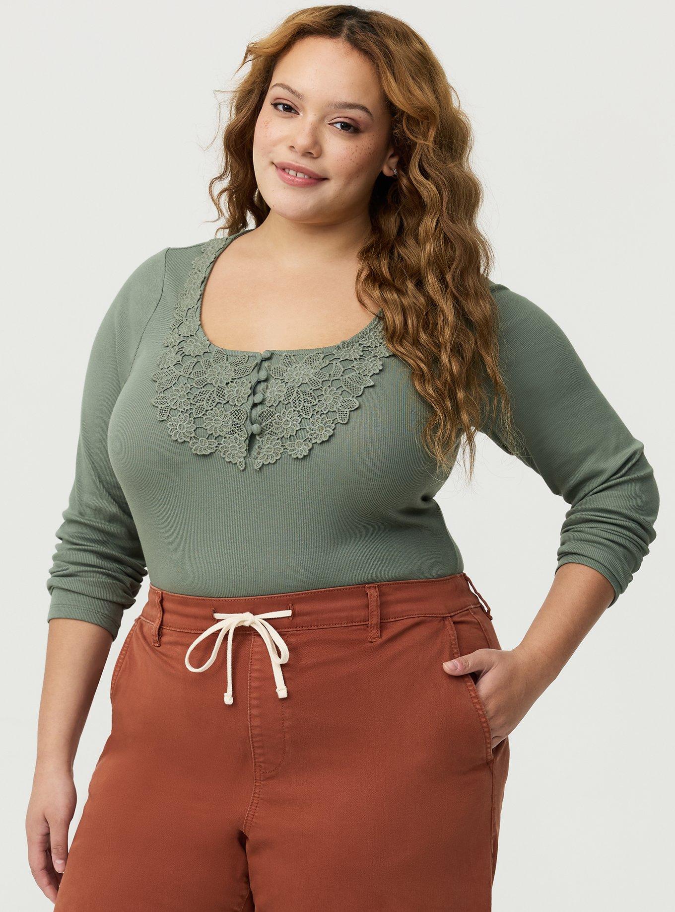 Cotton Modal Crochet Trim Henley Top, AGAVE GREEN, alternate