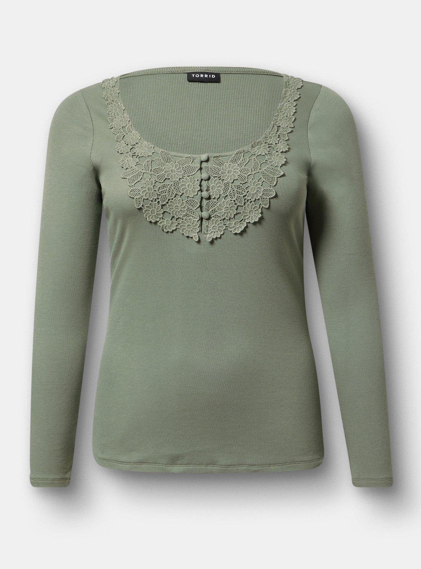 Cotton Modal Crochet Trim Henley Top, AGAVE GREEN, hi-res