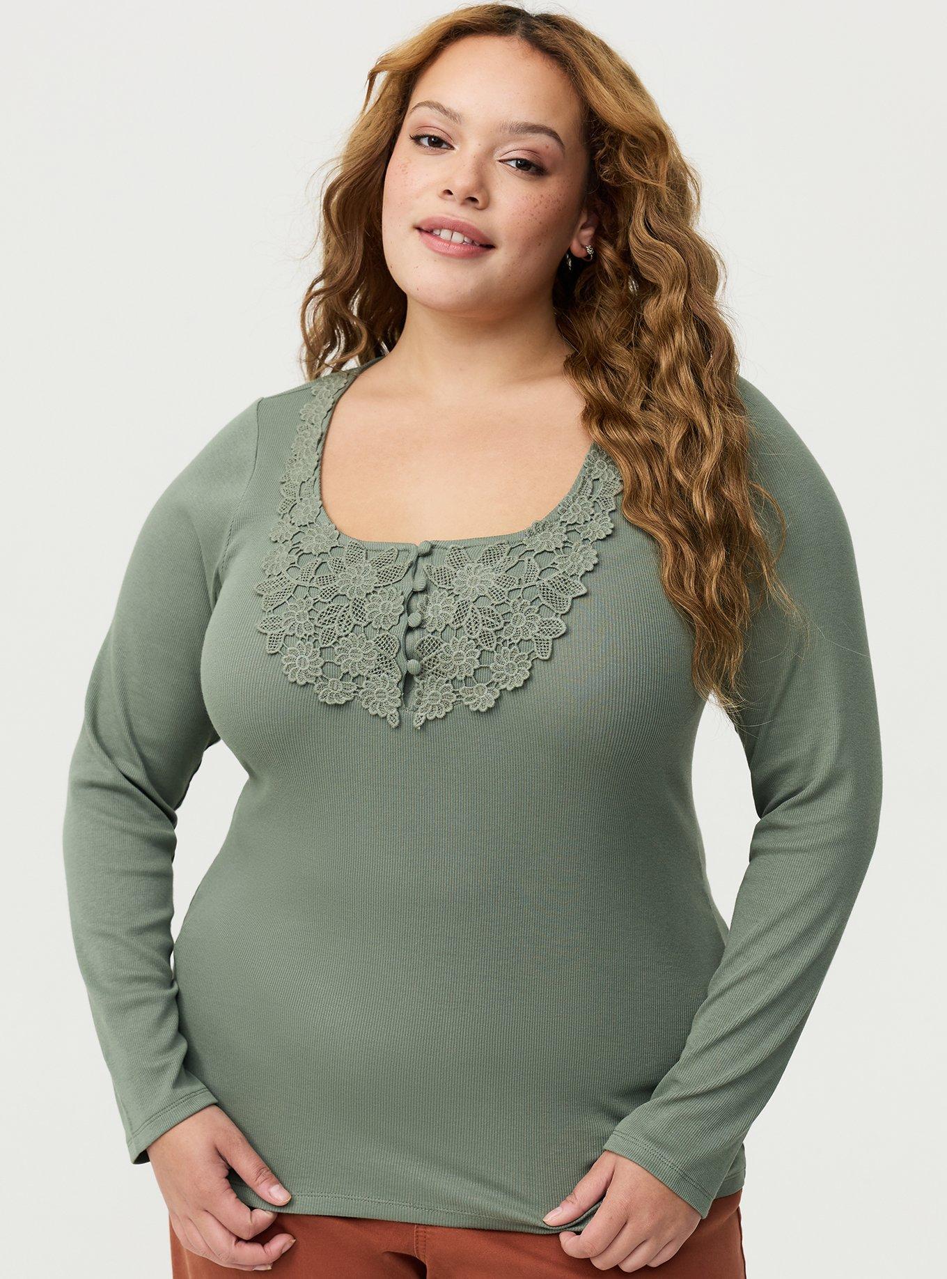 Cotton Modal Crochet Trim Henley Top, AGAVE GREEN, hi-res