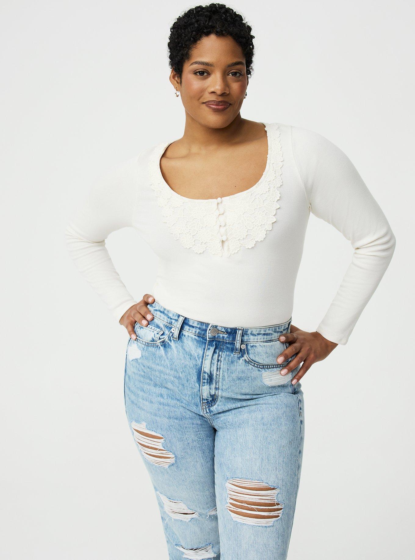 Cotton Modal Crochet Trim Henley Top, WHISPER WHITE, alternate