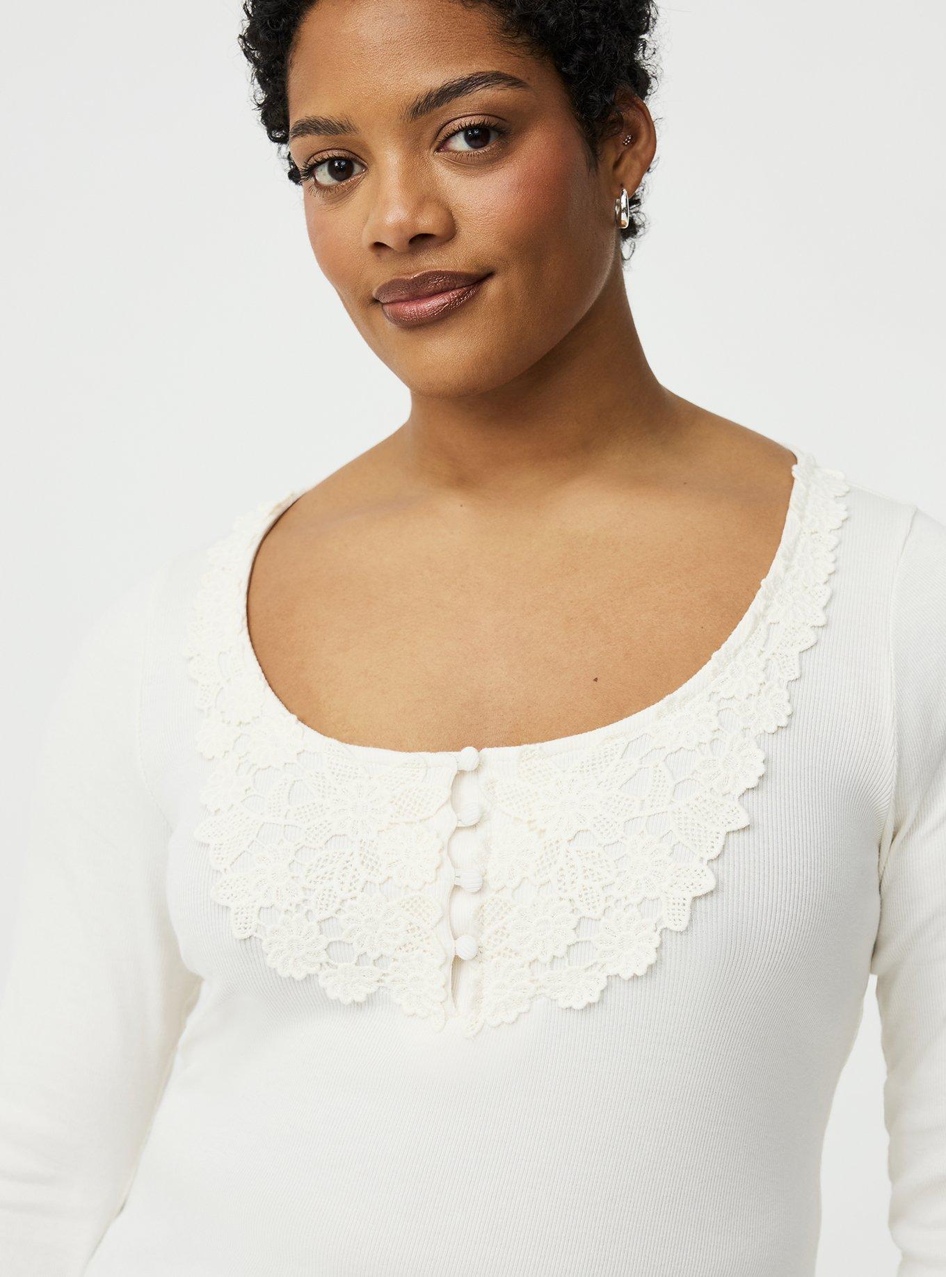 Cotton Modal Crochet Trim Henley Top, WHISPER WHITE, alternate