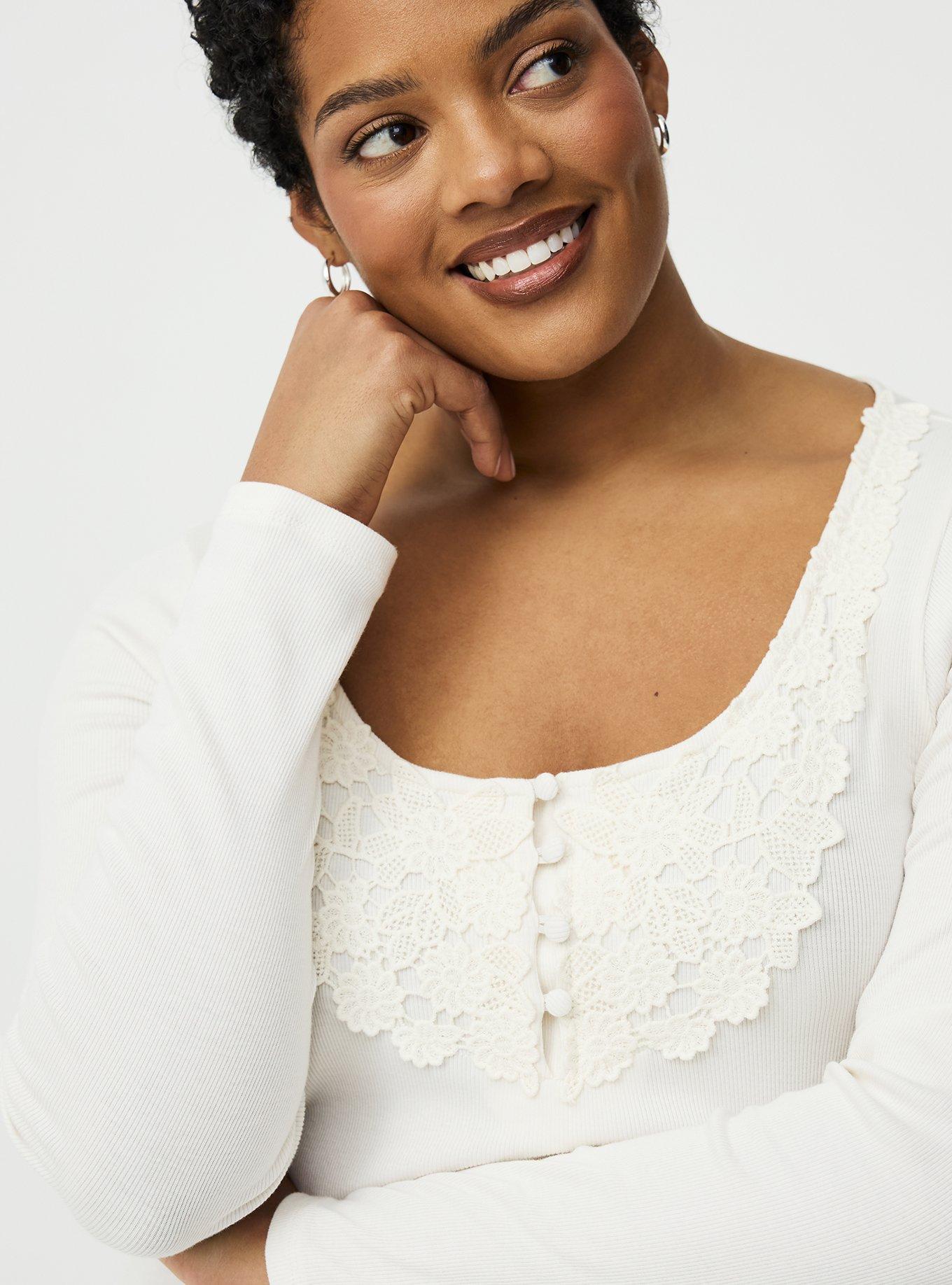 Cotton Modal Crochet Trim Henley Top, WHISPER WHITE, alternate