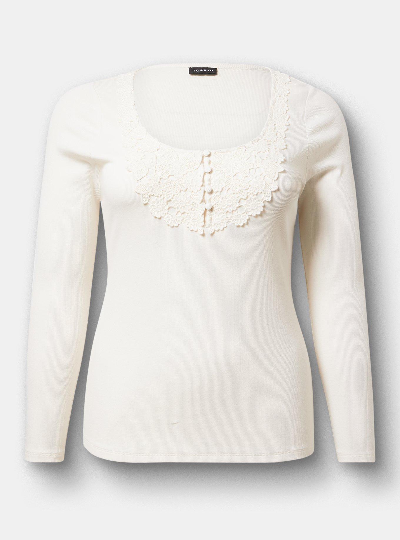 Cotton Modal Crochet Trim Henley Top, WHISPER WHITE, hi-res