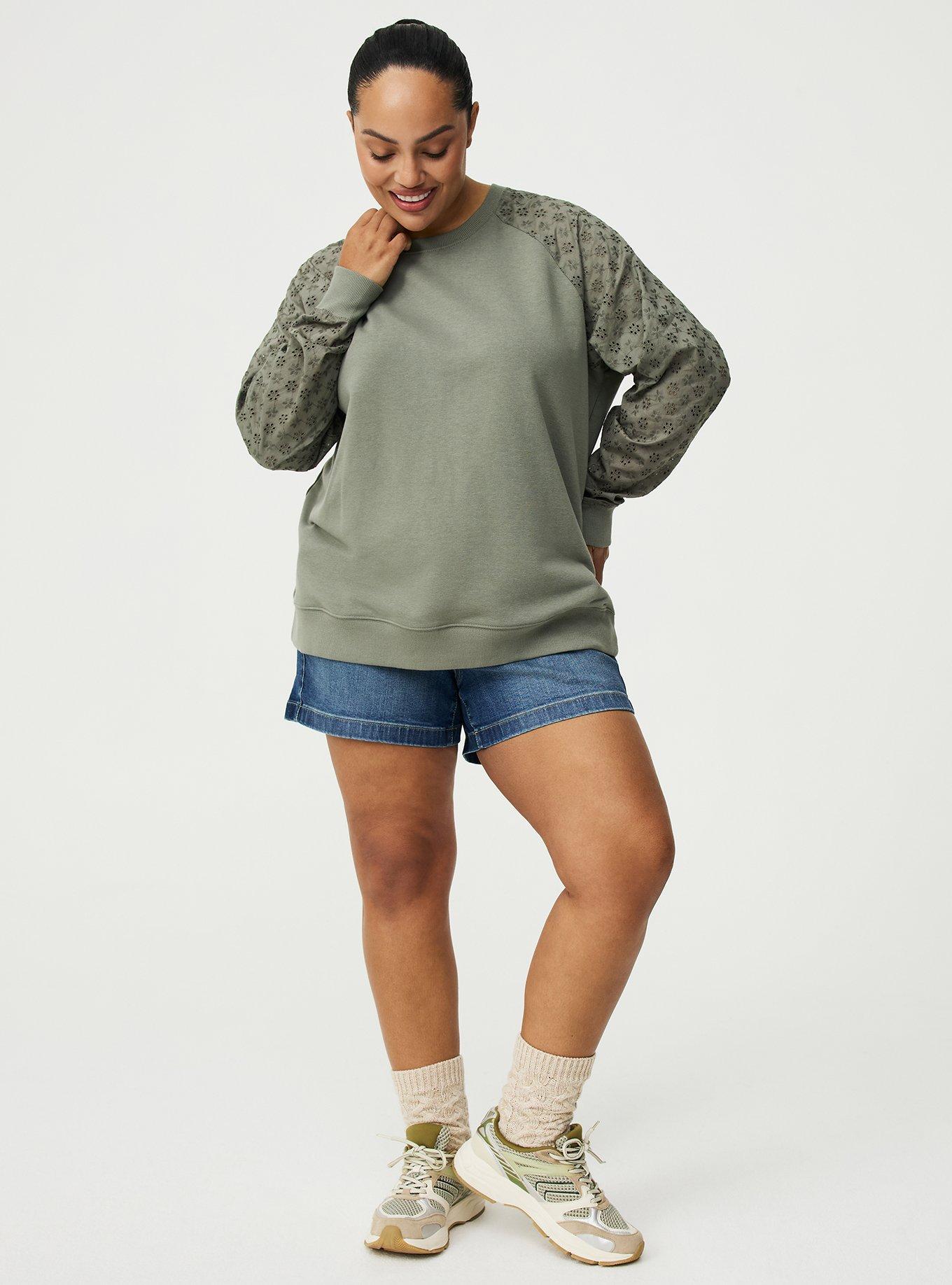 French Terry Eyelet Sleeve Sweatshirt, AGAVE GREEN, alternate