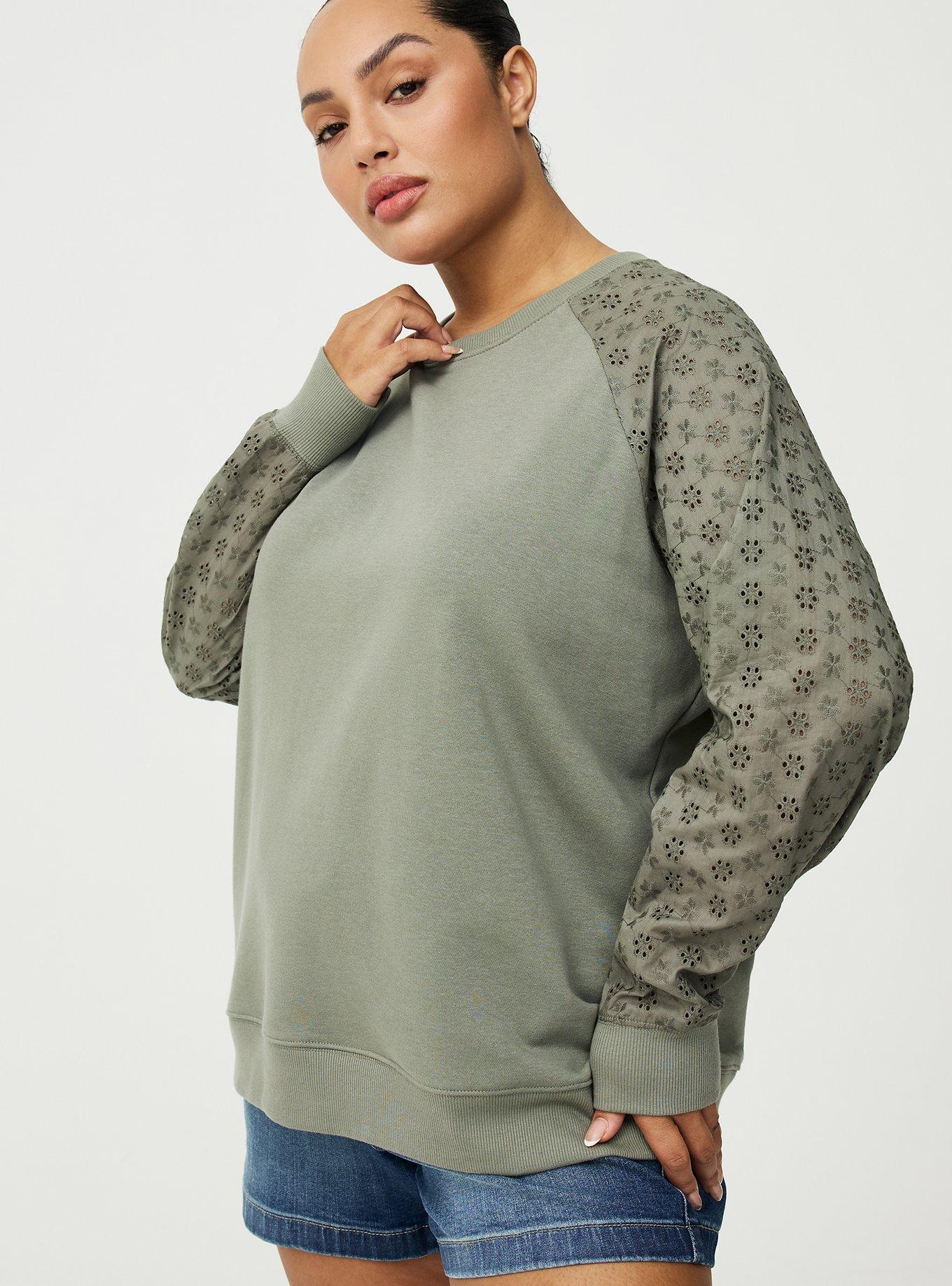 French Terry Eyelet Sleeve Sweatshirt, AGAVE GREEN, alternate