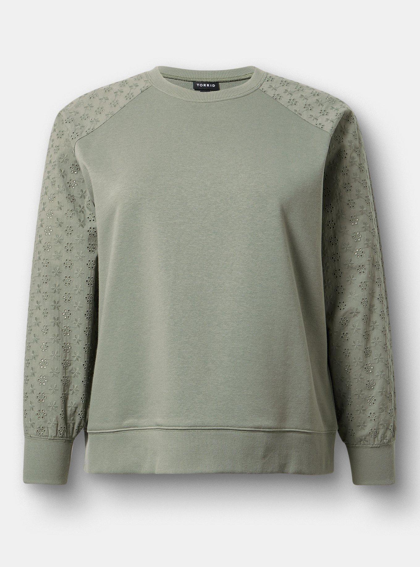 French Terry Eyelet Sleeve Sweatshirt, AGAVE GREEN, hi-res
