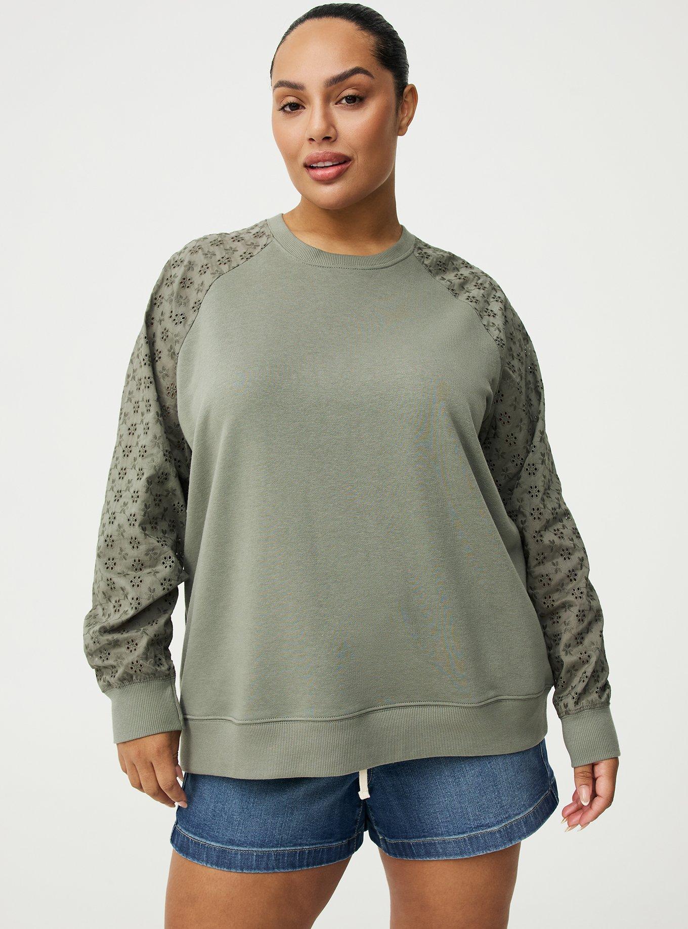 French Terry Eyelet Sleeve Sweatshirt, AGAVE GREEN, hi-res