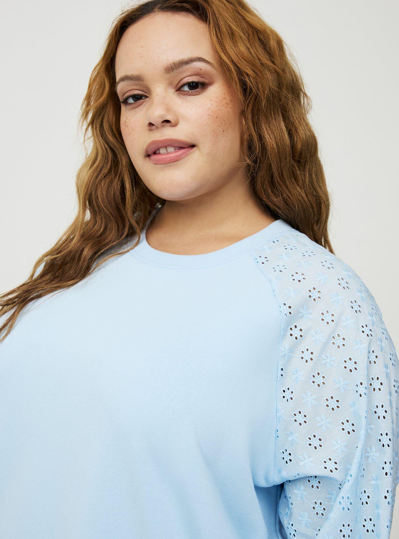 French Terry Eyelet Sleeve Sweatshirt, CERULEAN, alternate