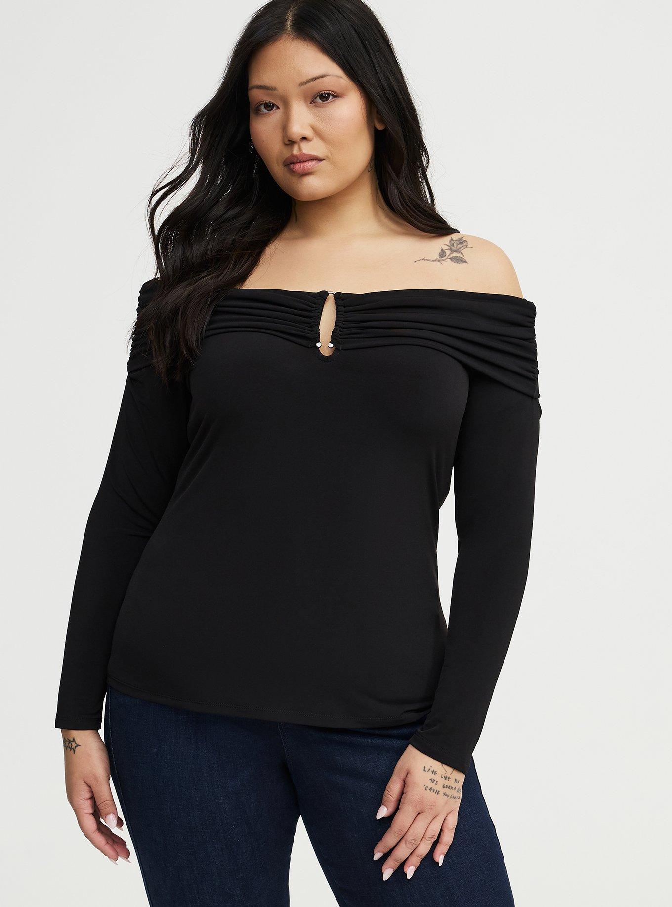 Studio Knit Off-Shoulder U-Ring Top, DEEP BLACK, hi-res