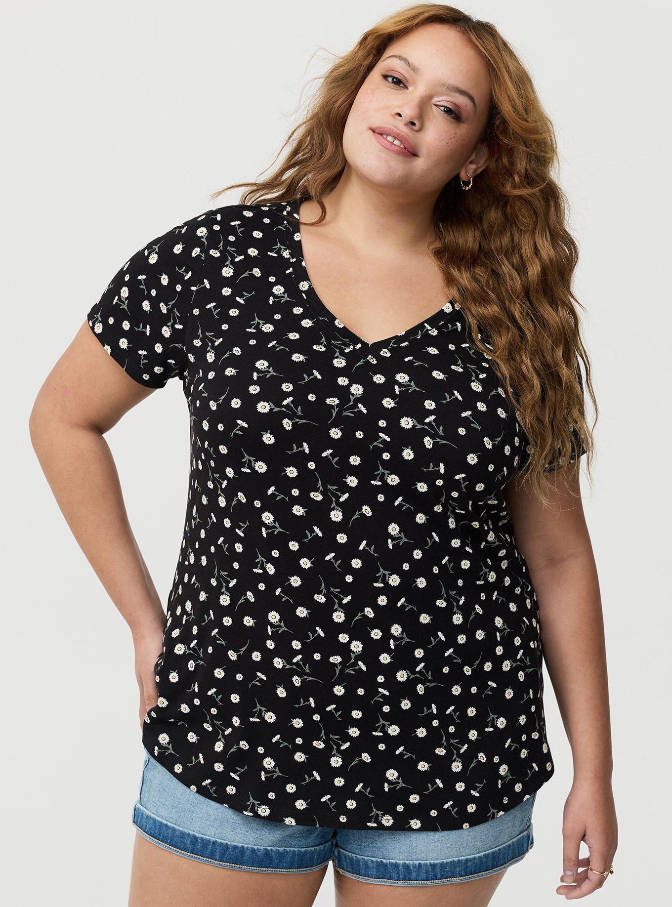 Printed Girlfriend Heritage Jersey V-Neck Tee, DAINTY DAISY FLORAL BLACK, hi-res