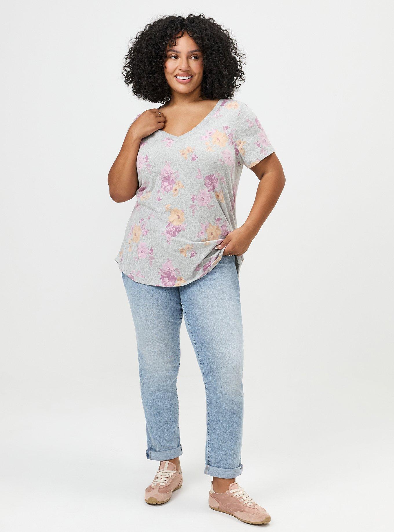 Printed Girlfriend Heritage Jersey V-Neck Tee, ROSEY LIGHT FLORAL GRAY, alternate