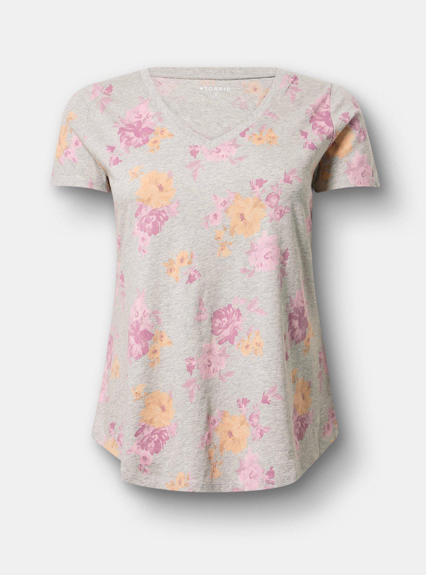 Printed Girlfriend Heritage Jersey V-Neck Tee, ROSEY LIGHT FLORAL GRAY, flat