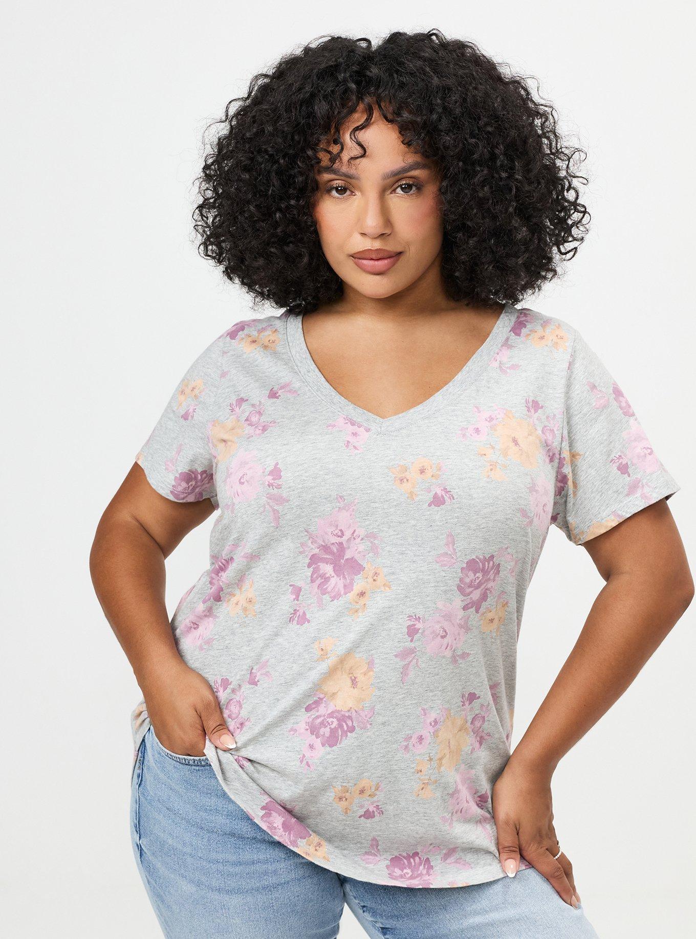 Printed Girlfriend Heritage Jersey V-Neck Tee, ROSEY LIGHT FLORAL GRAY, hi-res