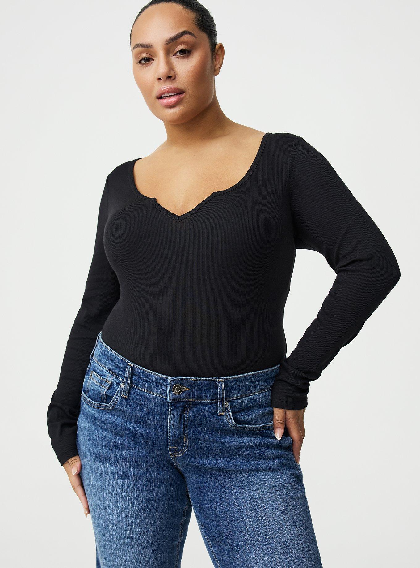Cotton Modal Rib Notch Neck Top, DEEP BLACK, alternate