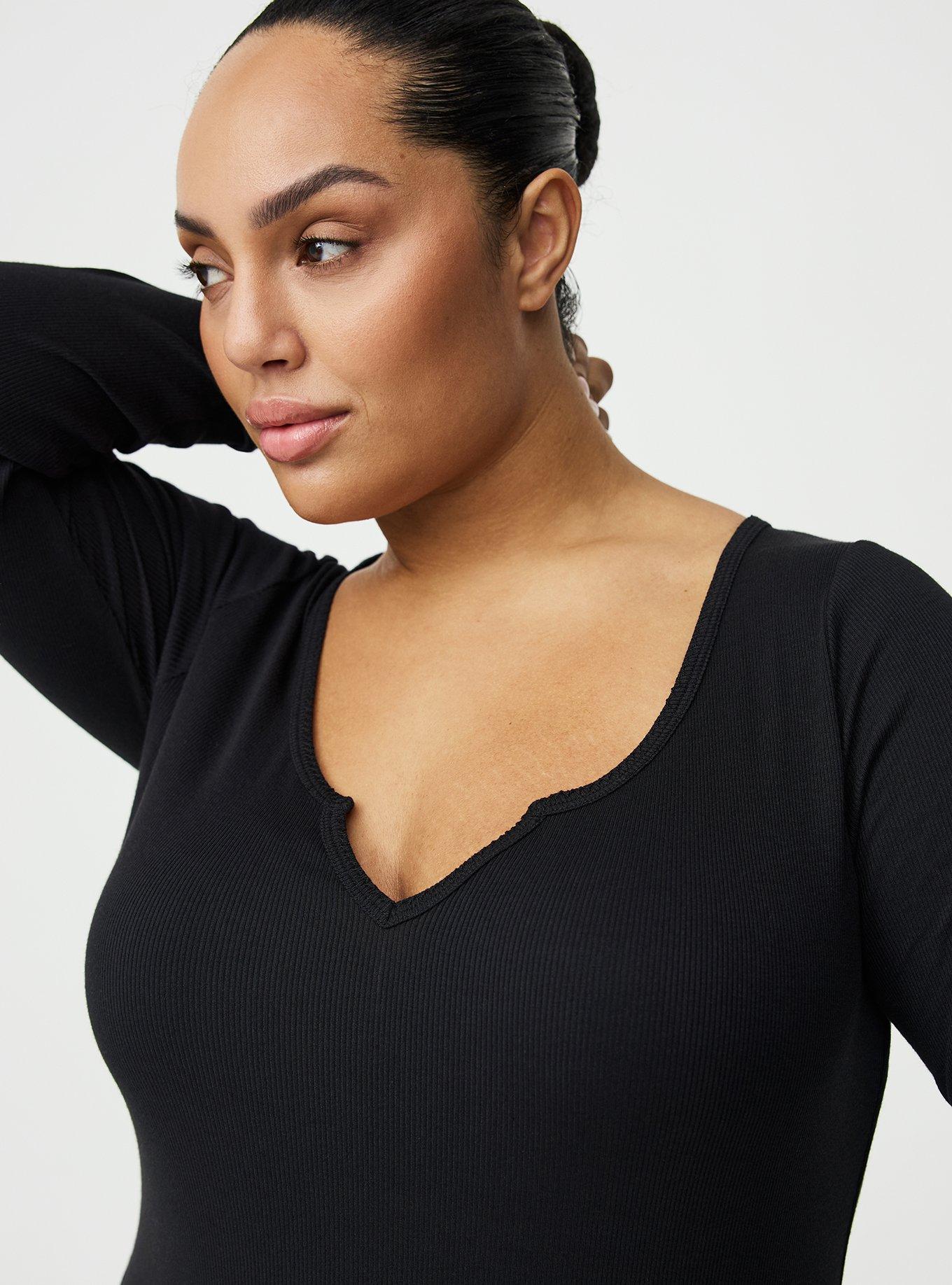Cotton Modal Rib Notch Neck Top, DEEP BLACK, alternate