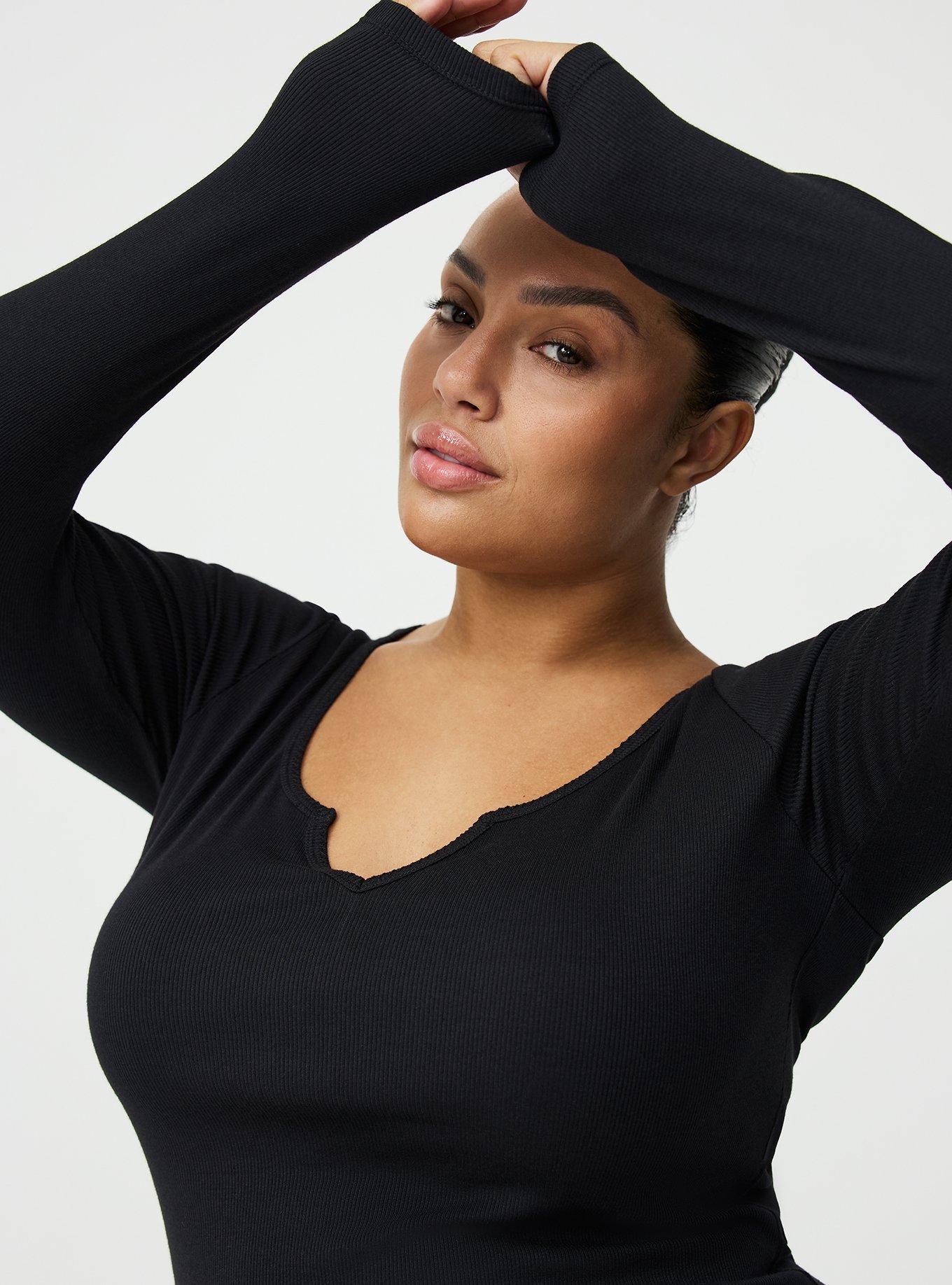 Cotton Modal Rib Notch Neck Top, DEEP BLACK, alternate