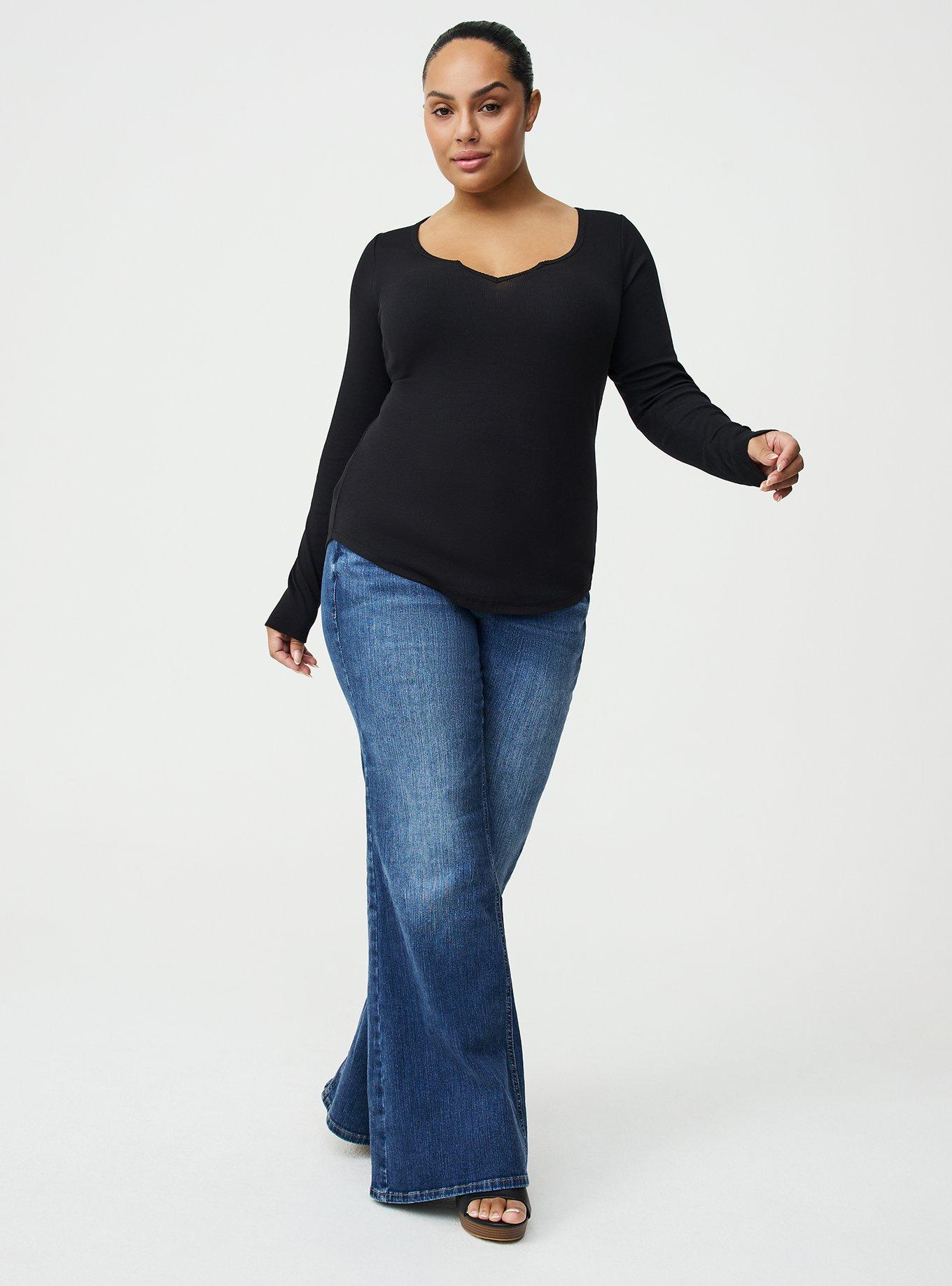 Cotton Modal Rib Notch Neck Top, DEEP BLACK, alternate