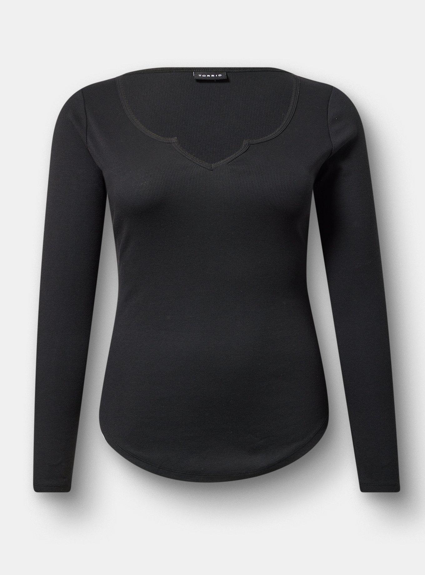 Cotton Modal Rib Notch Neck Top, DEEP BLACK, hi-res