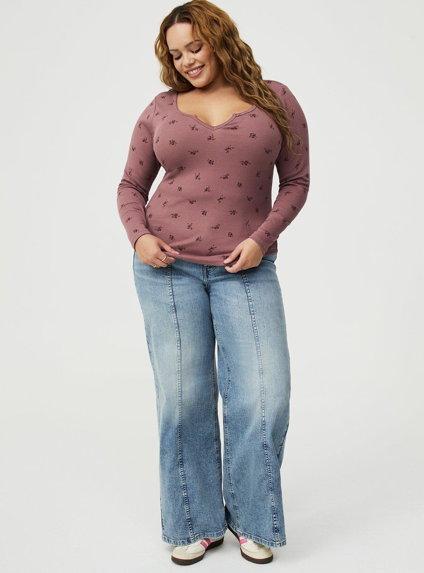 Cotton Modal Rib Notch Neck Top, MAGGIE FLORAL TONAL TAUPE, alternate