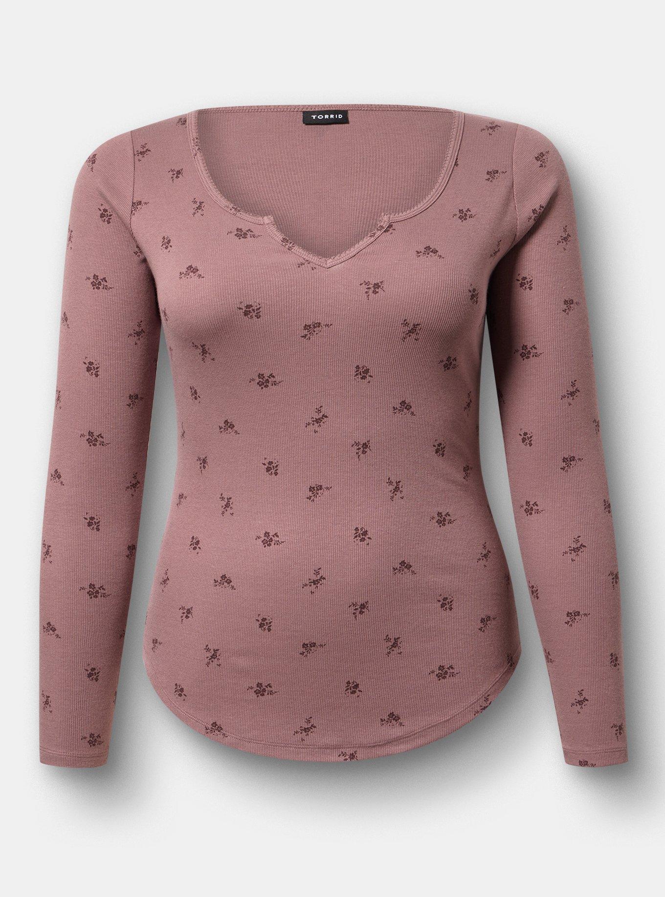 Cotton Modal Rib Notch Neck Top, MAGGIE FLORAL TONAL TAUPE, hi-res