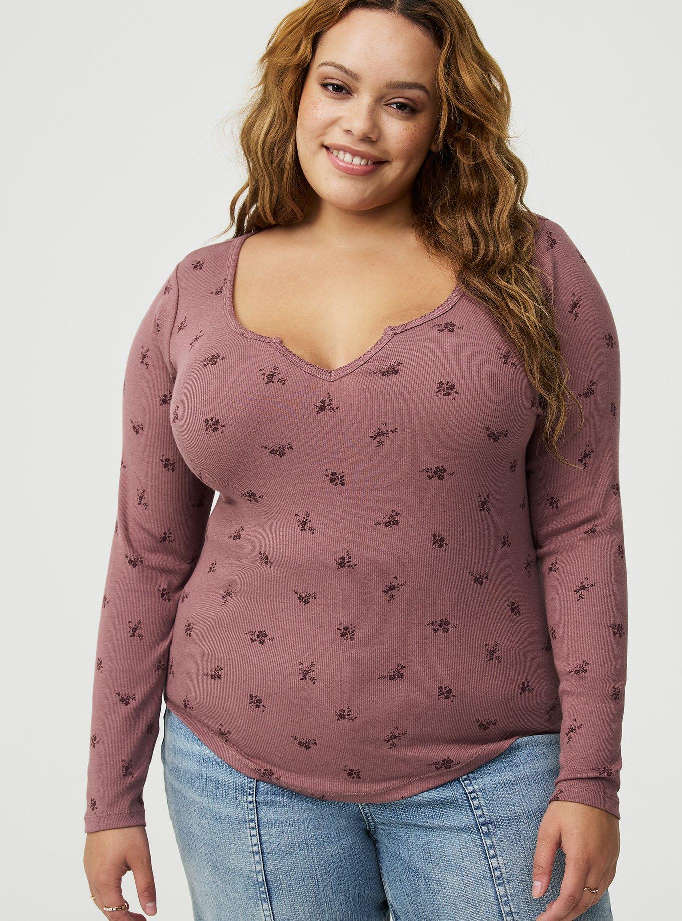 Plus Size Cotton Modal Rib Scoop Top, MAGGIE FLORAL TONAL TAUPE, hi-res