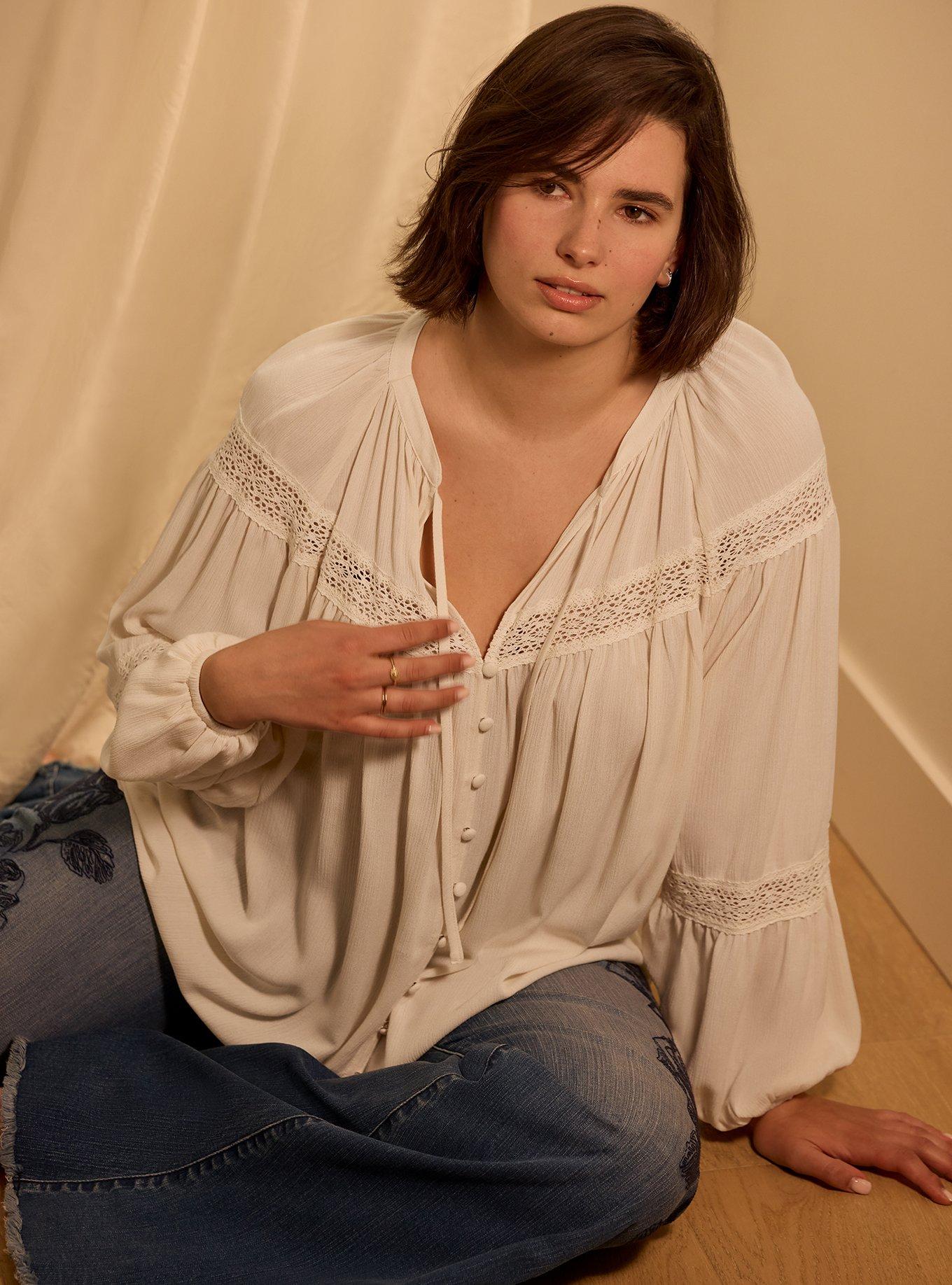 Plus Size Festi Lace Inset Blouse, WHITE SWAN, hi-res
