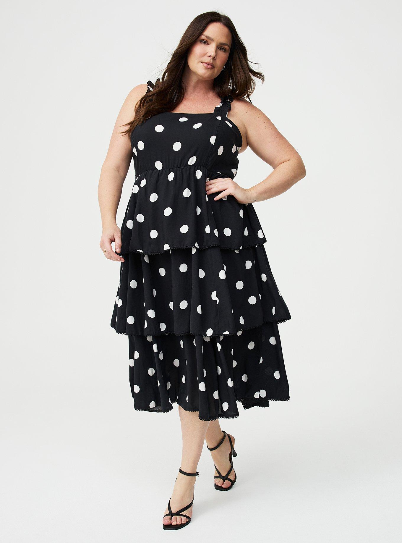 Plus Size Ruffle Strap Tiered Midi Dress, COASTING DOTS BLACK, hi-res