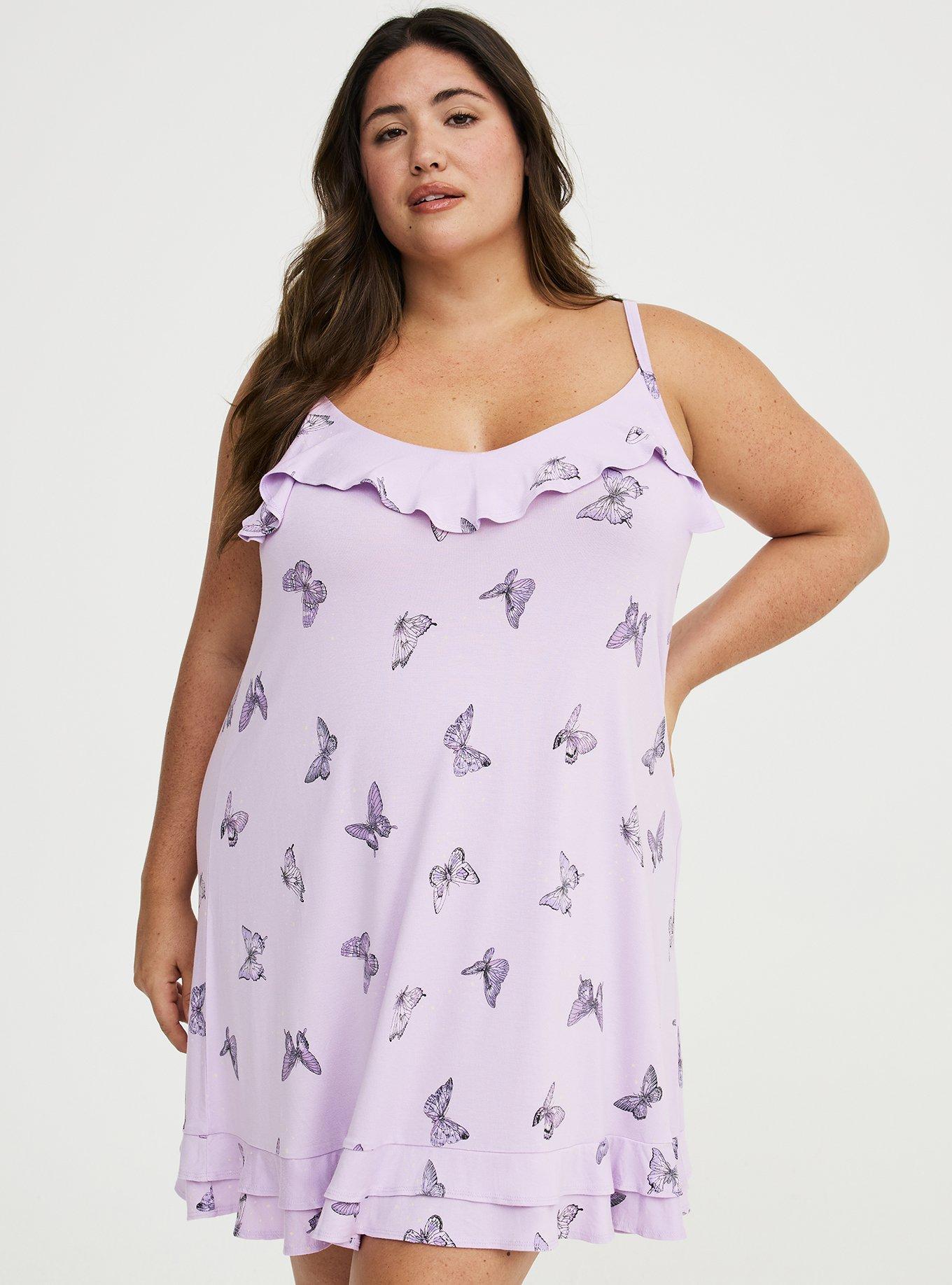 Super Soft Jersey Ruffle Sleep Chemise, HUE BUTTERFLIES PURPLE, alternate
