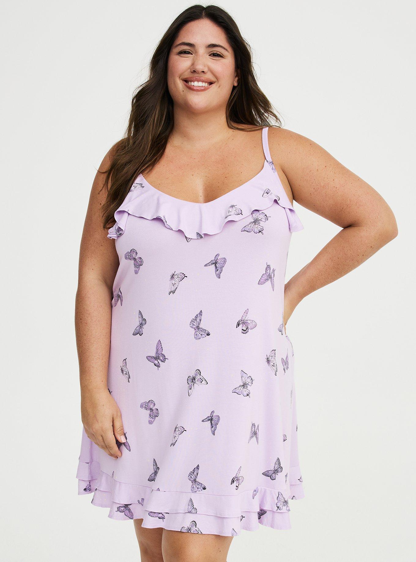 Super Soft Jersey Ruffle Sleep Chemise, HUE BUTTERFLIES PURPLE, alternate