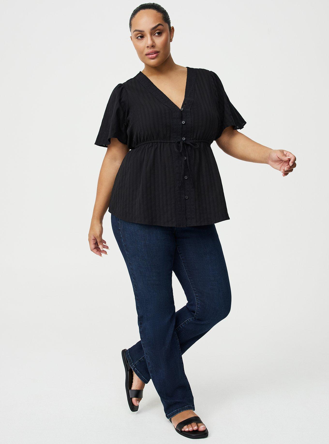 Button-Front V-Neck Blouse, DEEP BLACK, alternate