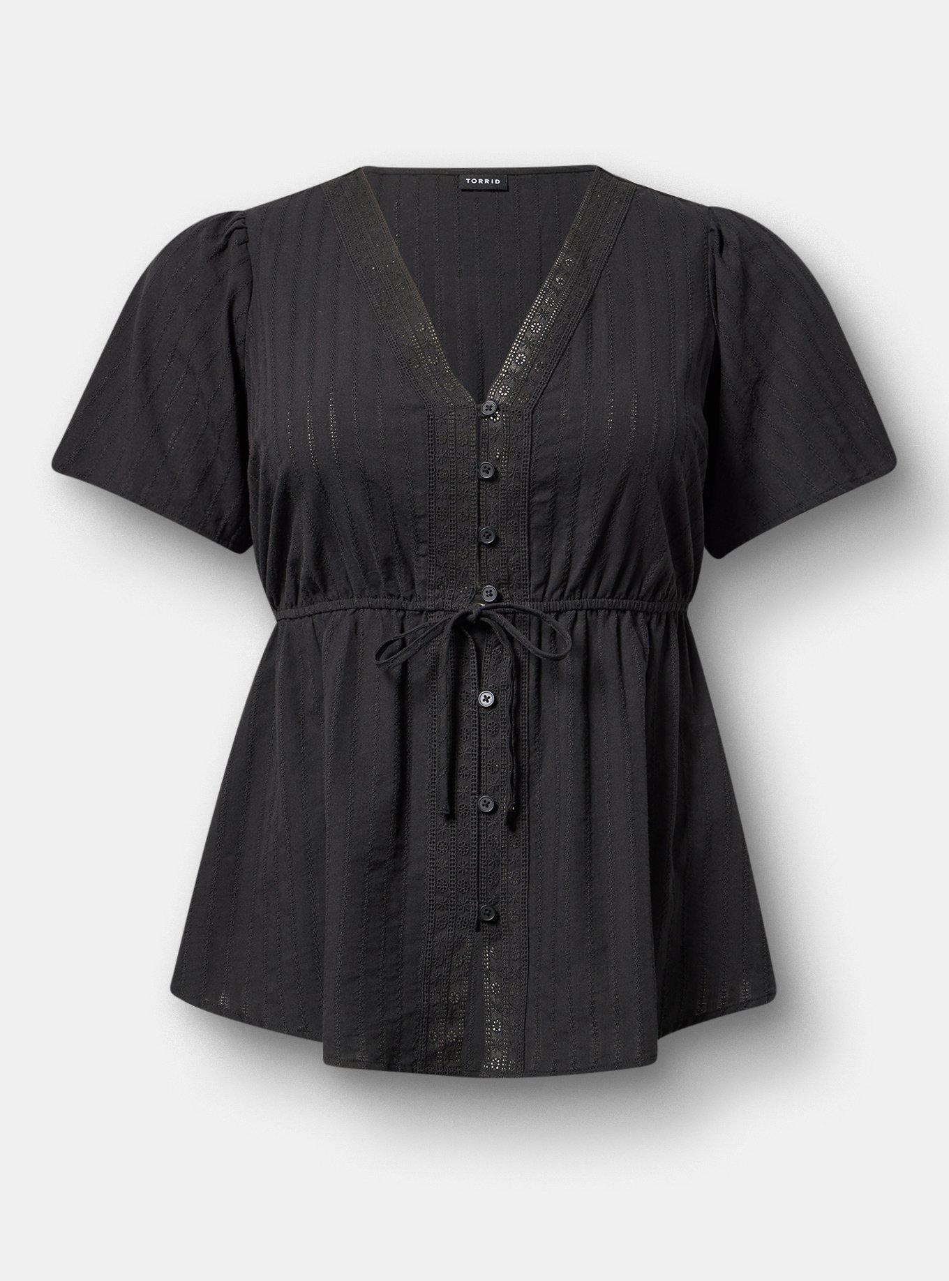 Button-Front V-Neck Blouse, DEEP BLACK, hi-res