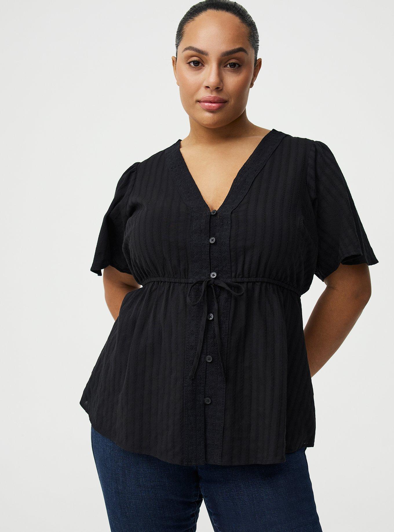 Button-Front V-Neck Blouse, DEEP BLACK, hi-res