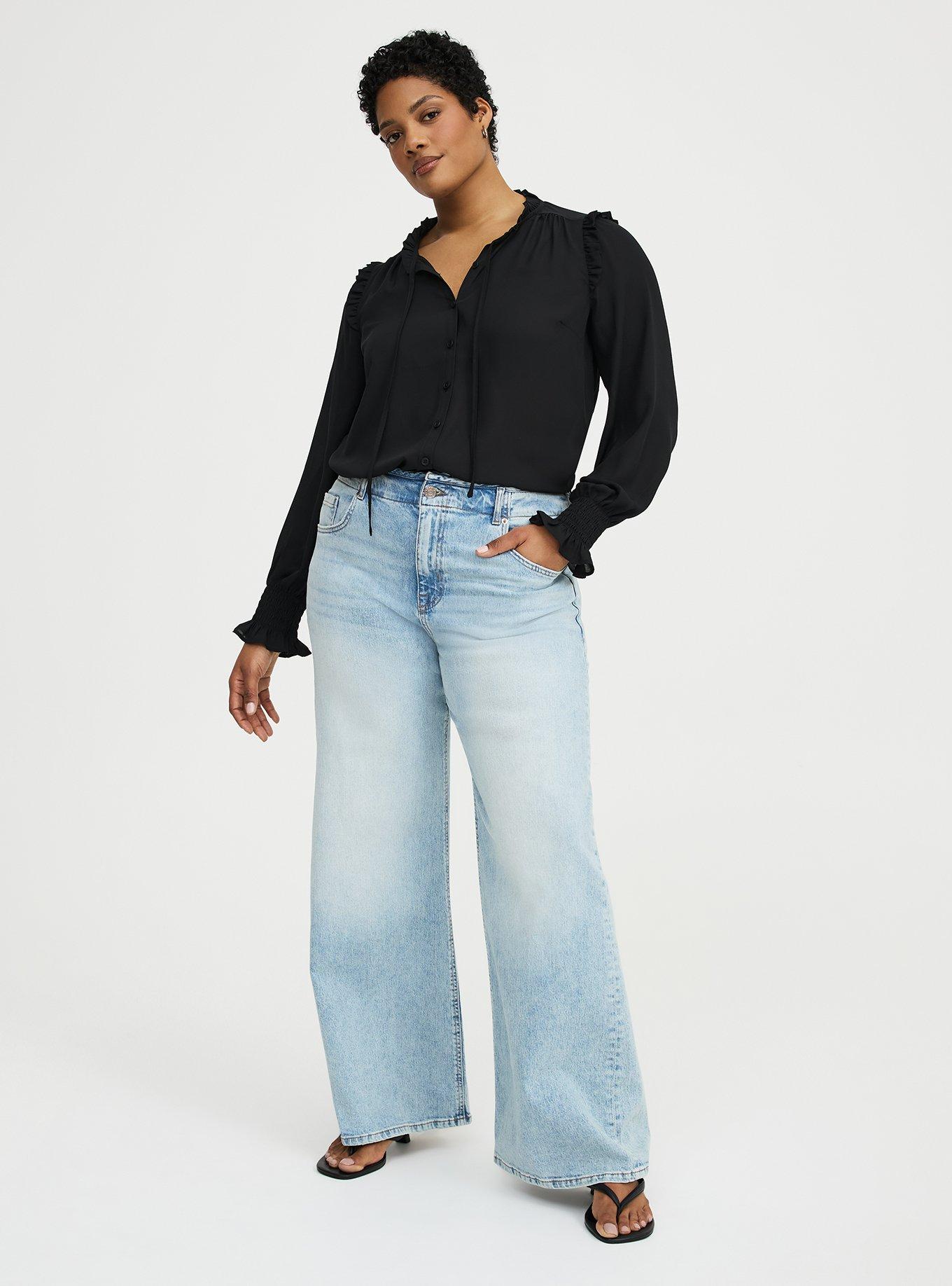 Georgette Button-Up Ruffle Top, DEEP BLACK, alternate