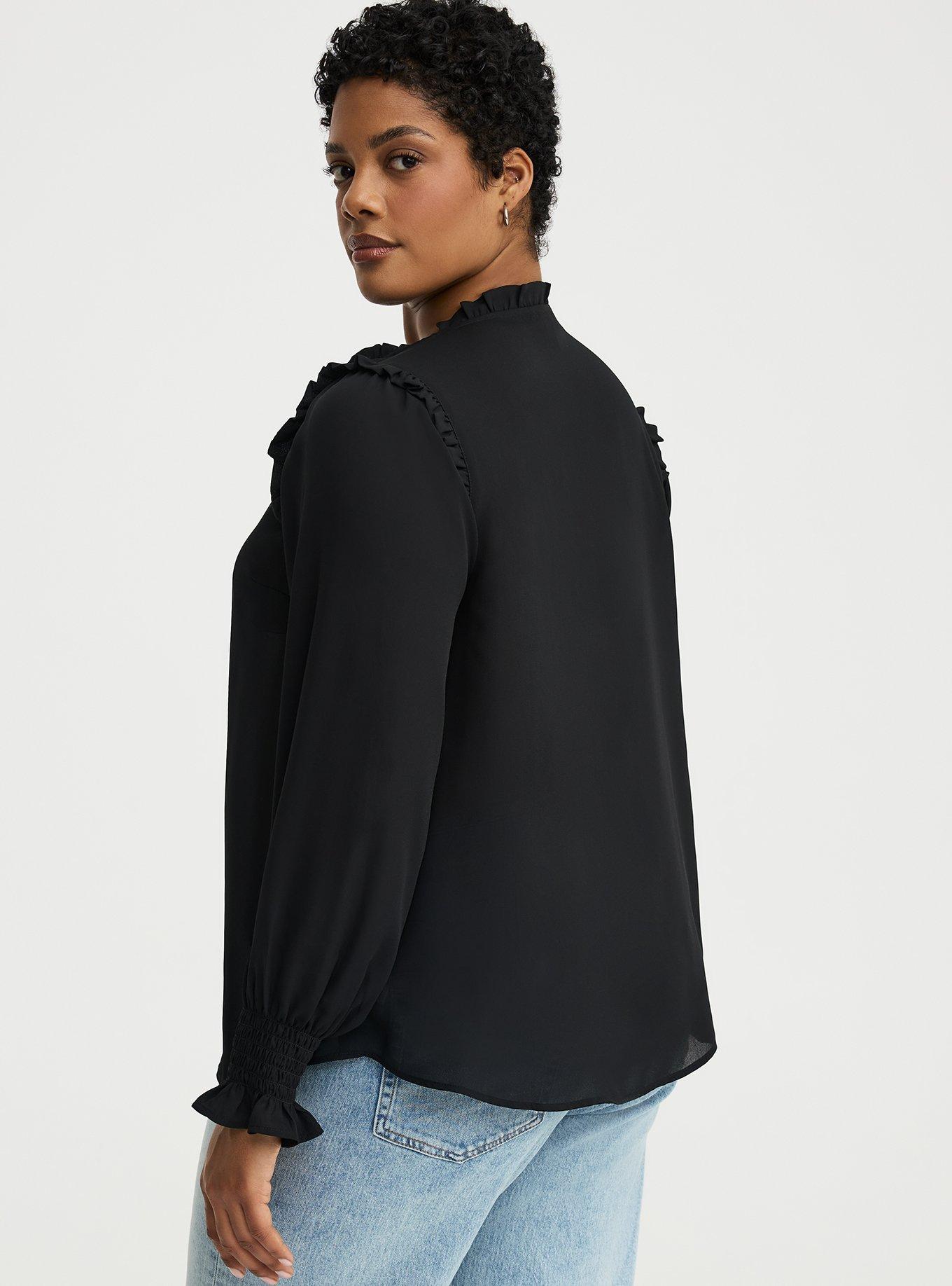 Georgette Button-Up Ruffle Top, DEEP BLACK, alternate