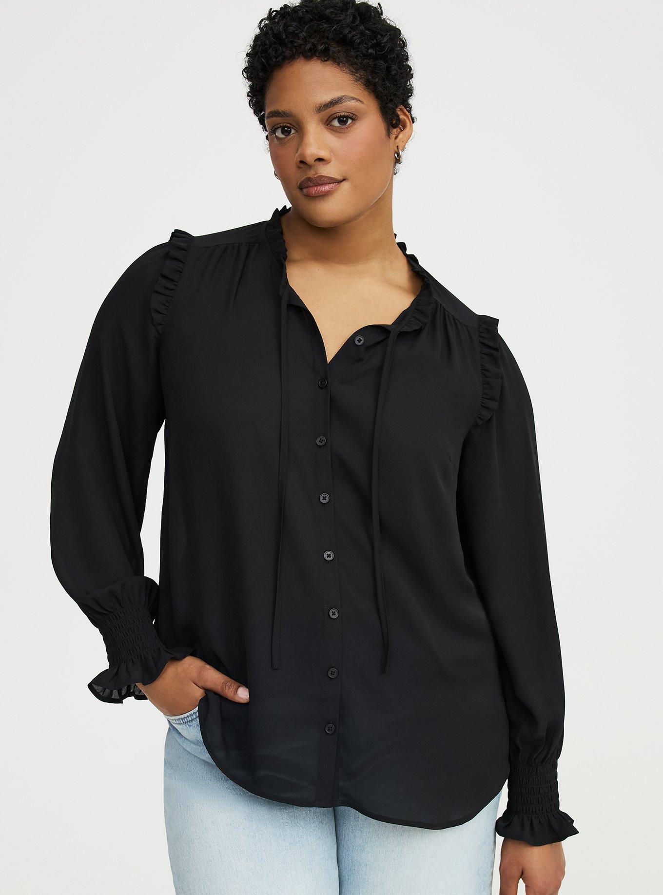 Georgette Button-Up Ruffle Top, DEEP BLACK, alternate