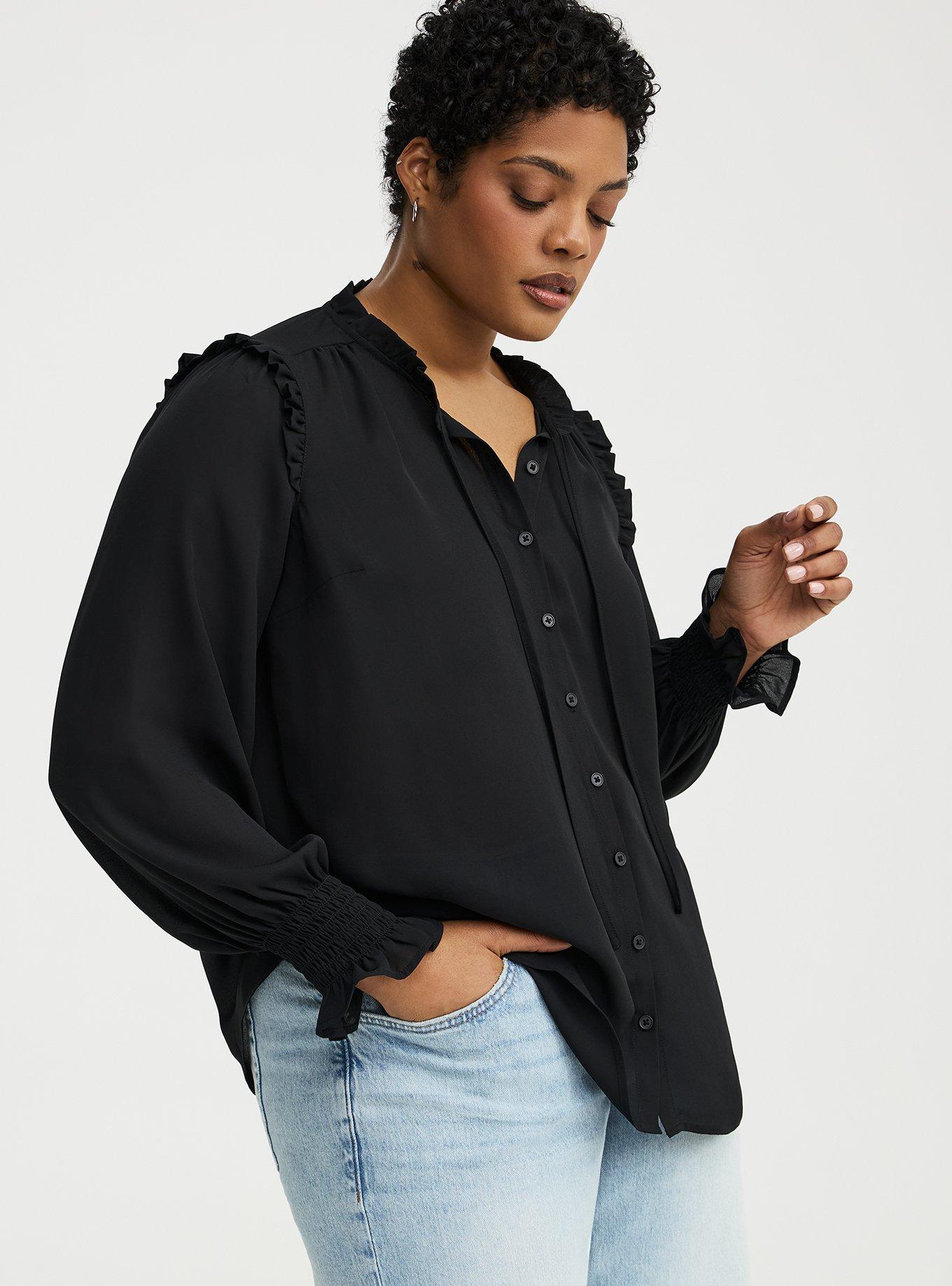 Georgette Button-Up Ruffle Top, DEEP BLACK, alternate