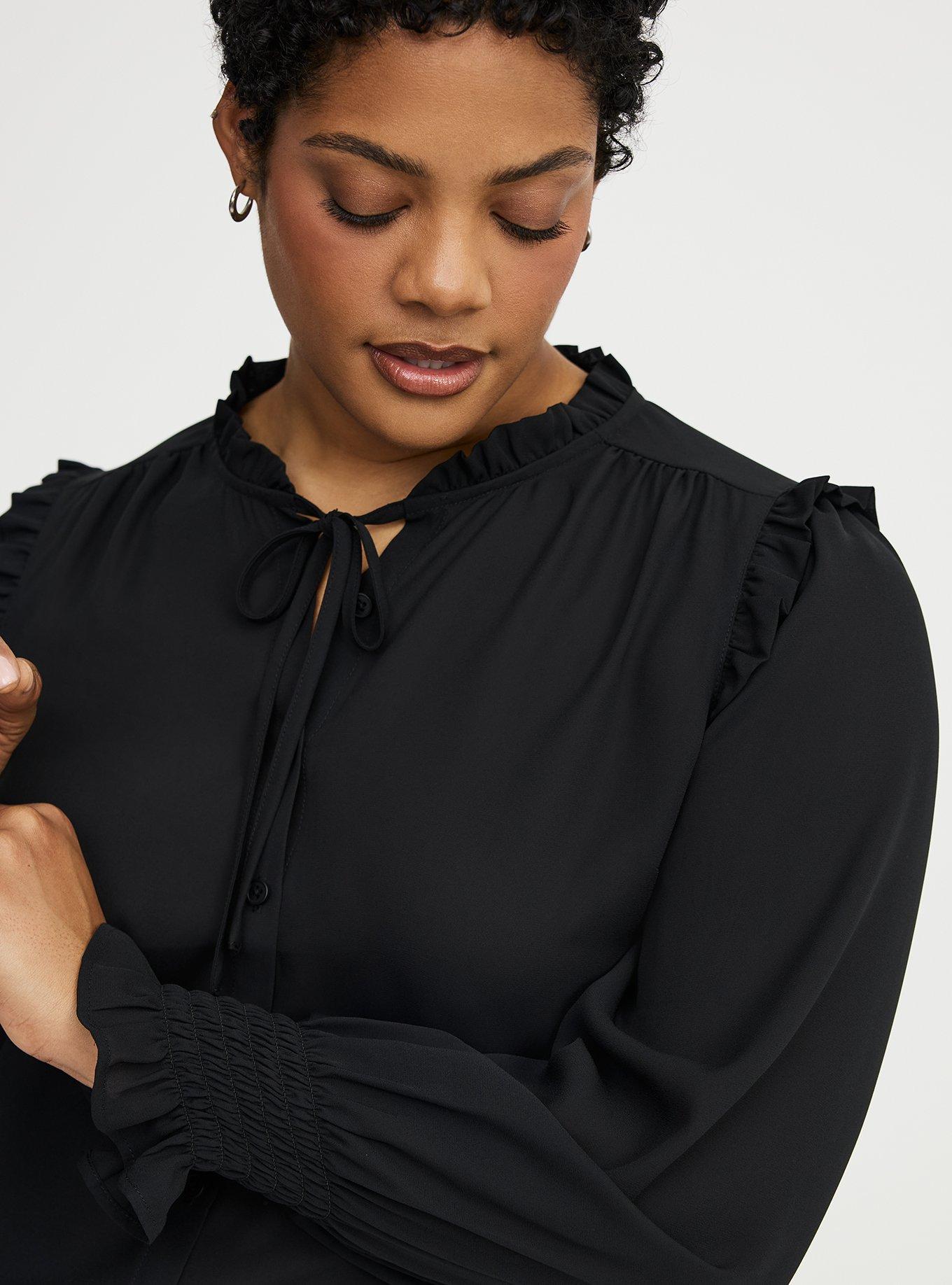 Georgette Button-Up Ruffle Top, DEEP BLACK, alternate