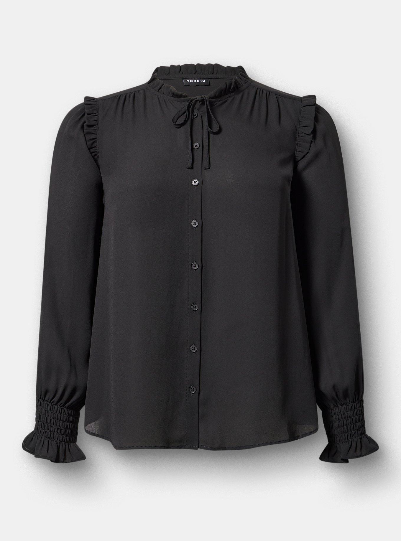 Georgette Button-Up Ruffle Top, DEEP BLACK, hi-res