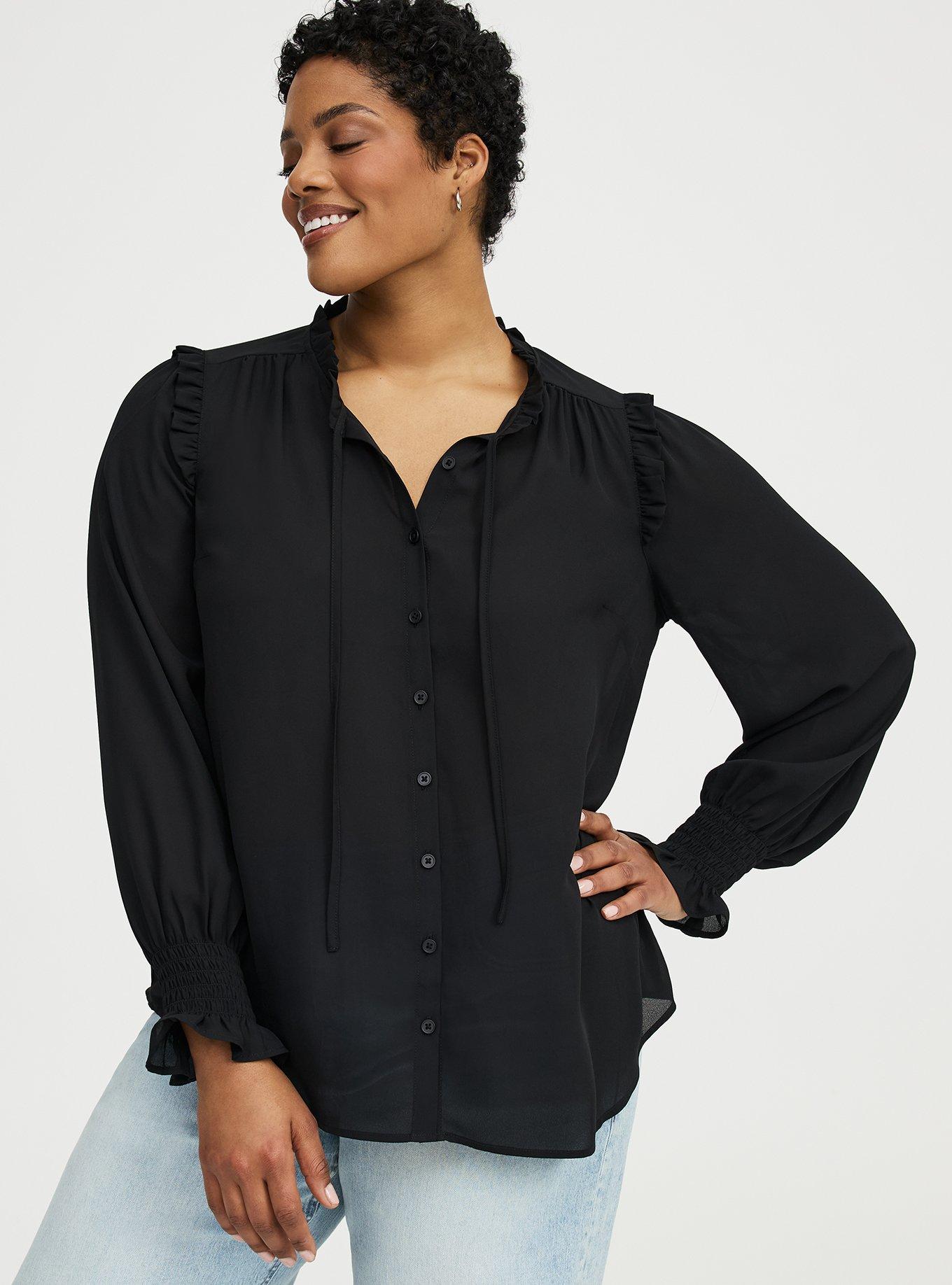 Georgette Button-Up Ruffle Top, DEEP BLACK, hi-res