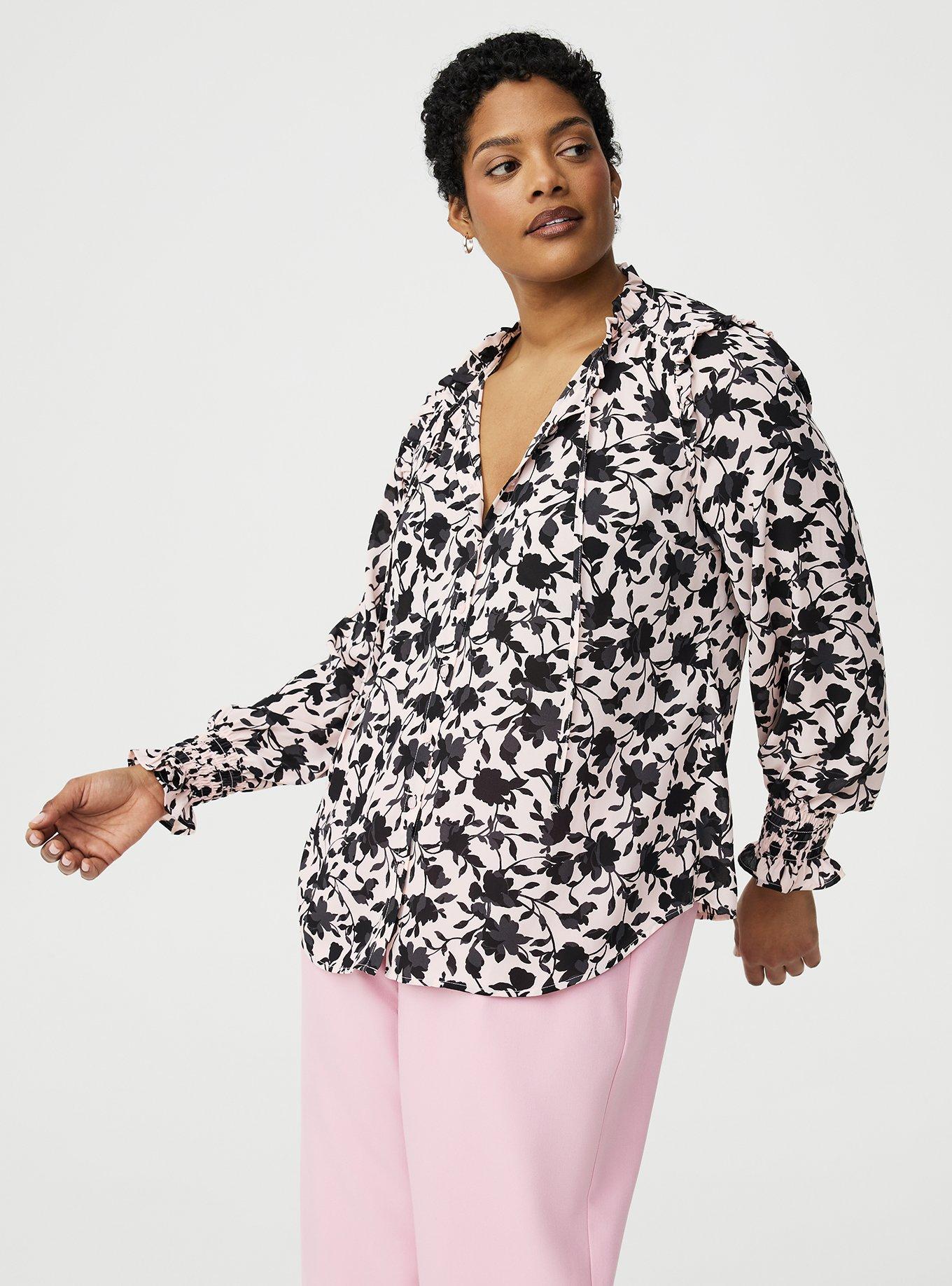 Plus Size Georgette Button-Up Ruffle Top, CONTEMPLATE FLORAL PINK, hi-res