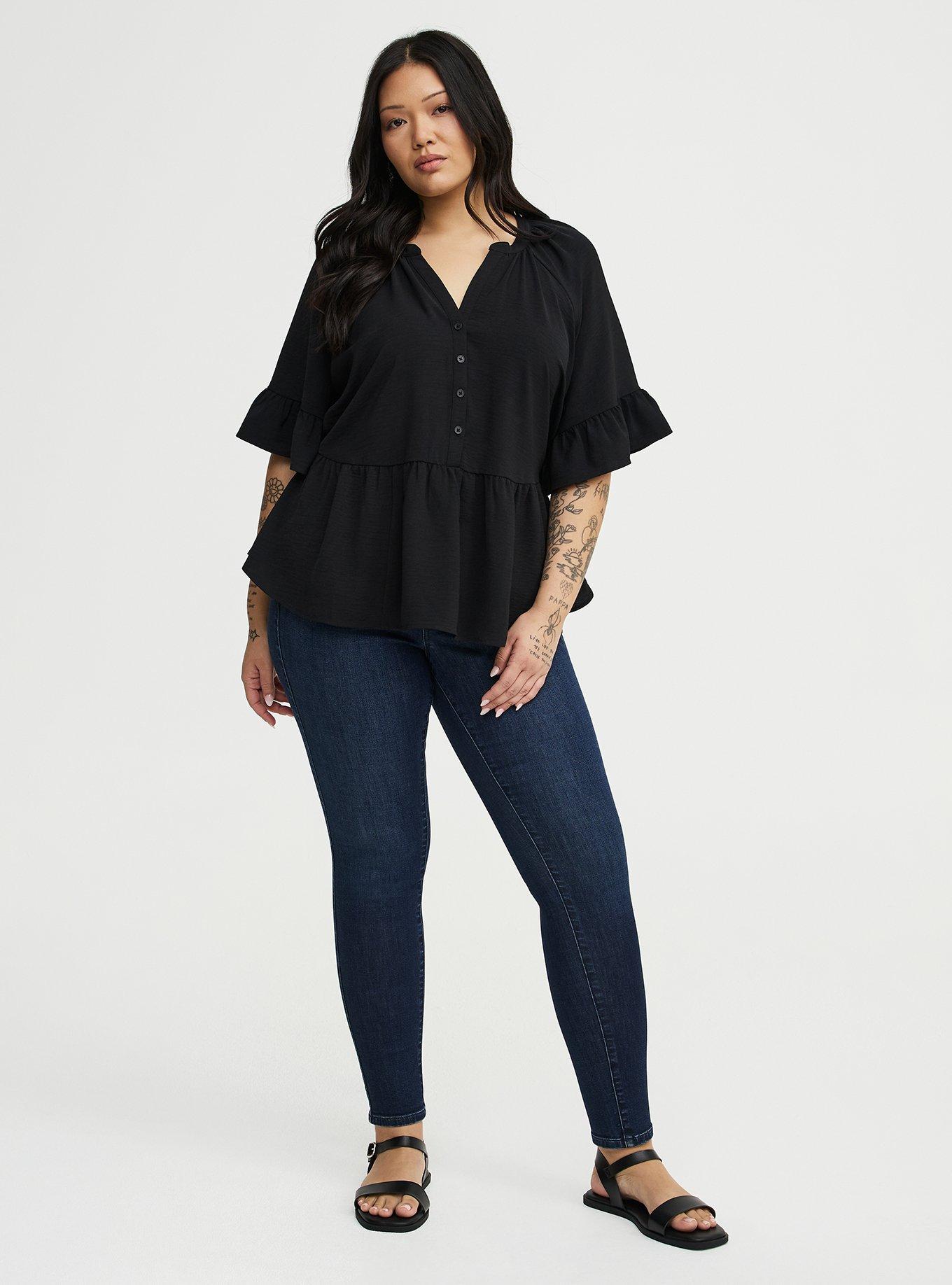 Raglan Ruffle Peplum Top, DEEP BLACK, alternate
