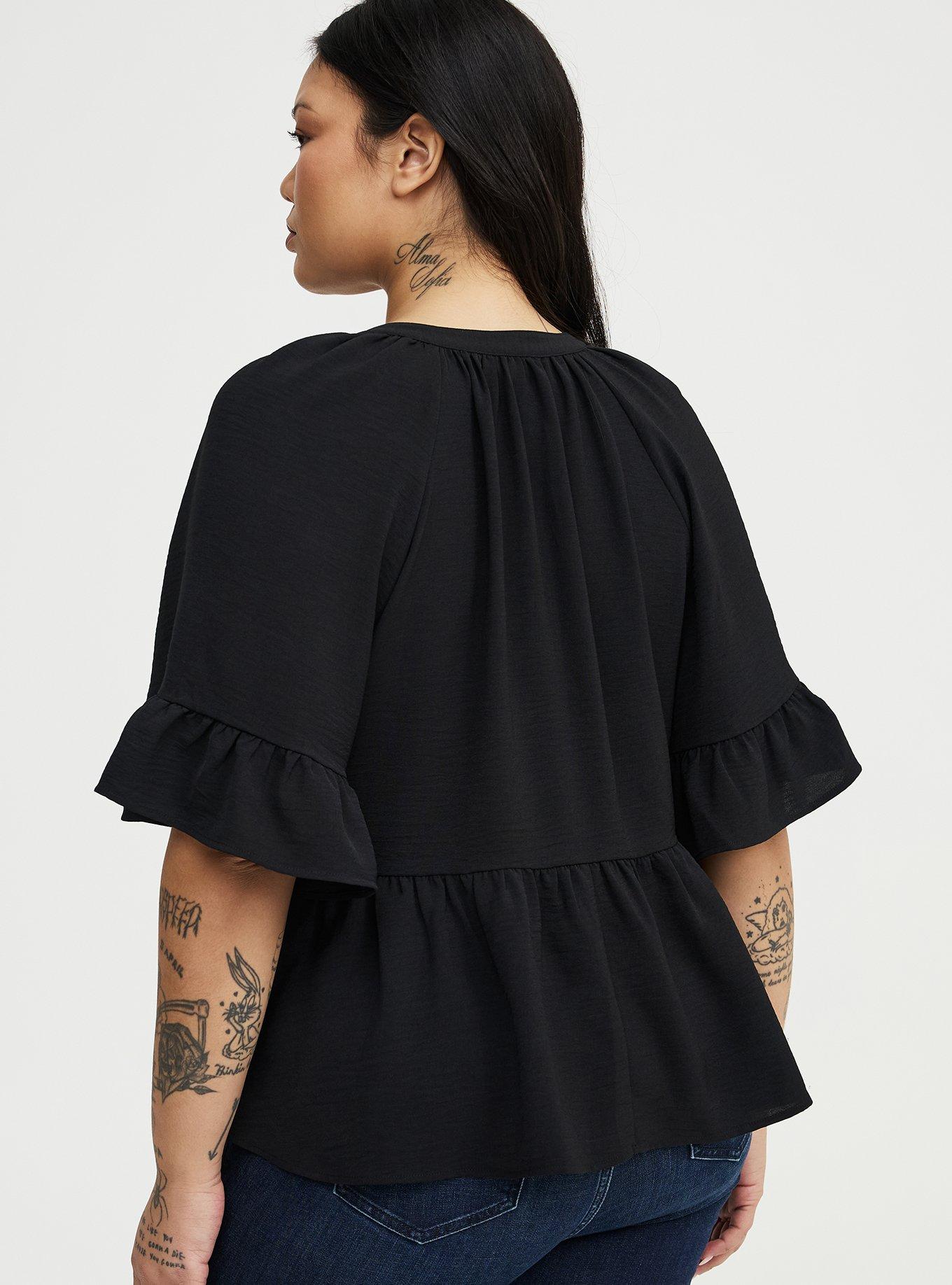 Raglan Ruffle Peplum Top, DEEP BLACK, alternate