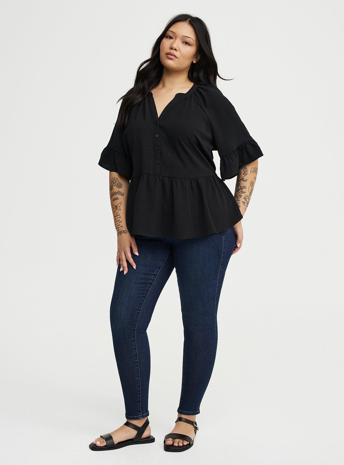 Raglan Ruffle Peplum Top, DEEP BLACK, alternate