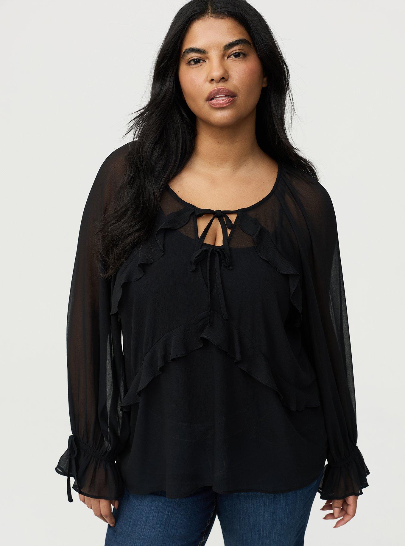Raglan Ruffle Blouse, DEEP BLACK, hi-res