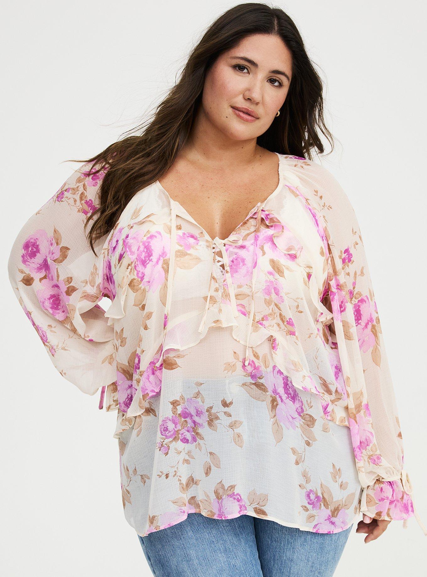Raglan Ruffle Blouse, REGINA FLORAL IVORY, hi-res