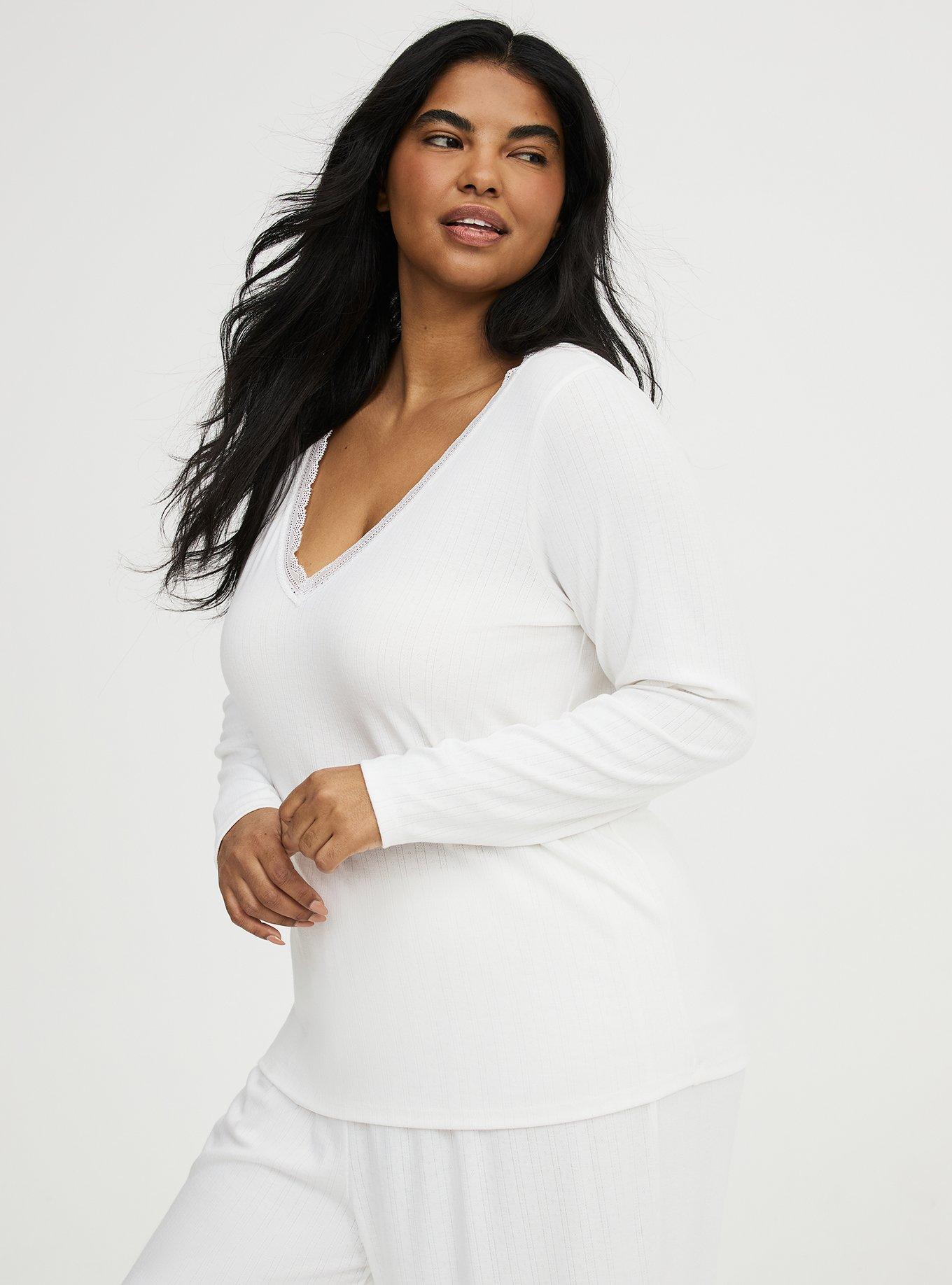 Pointelle Long Sleeve Sleep Top, BLANC DE BLANC, alternate
