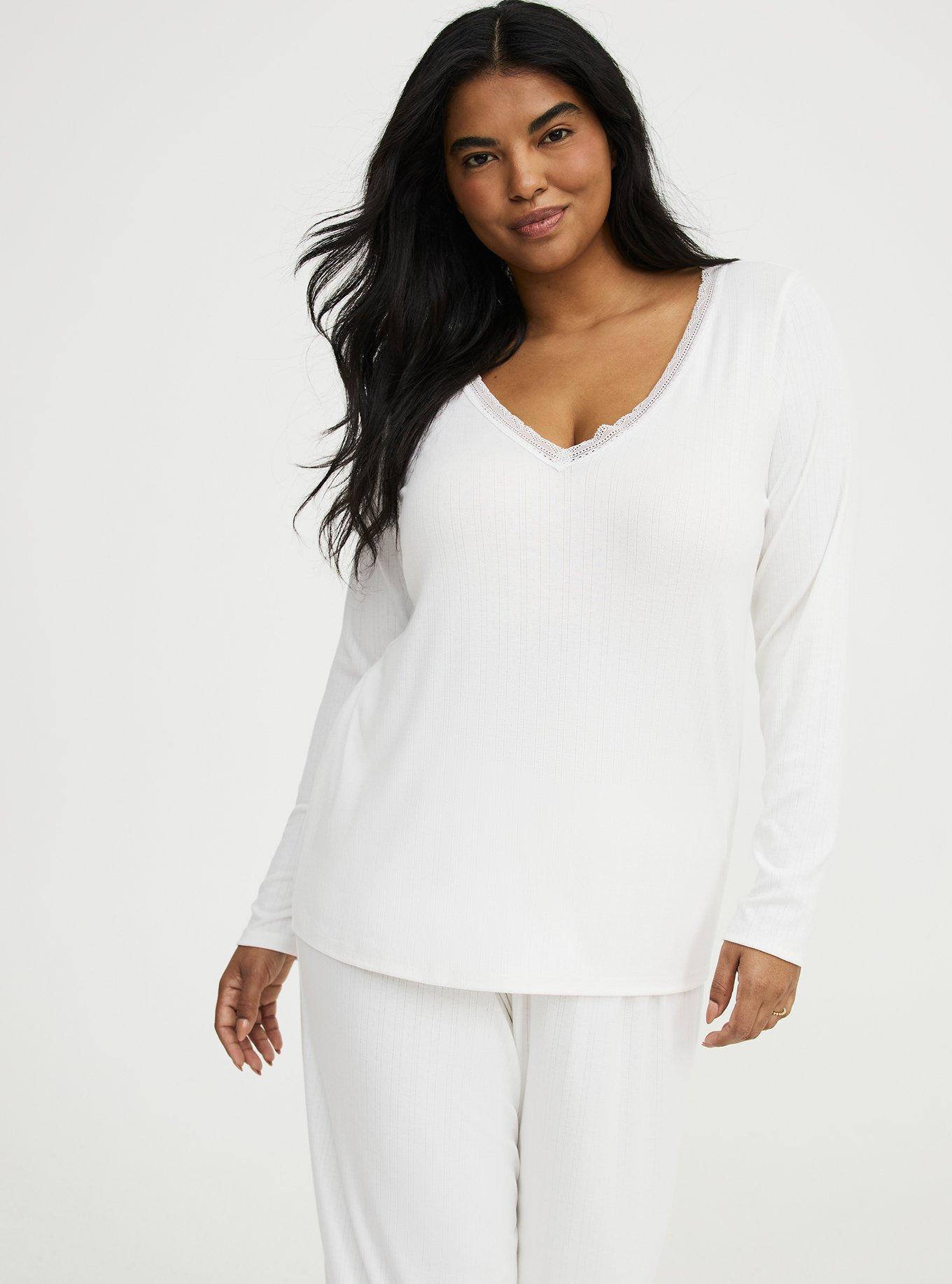 Pointelle Long Sleeve Sleep Top, BLANC DE BLANC, hi-res